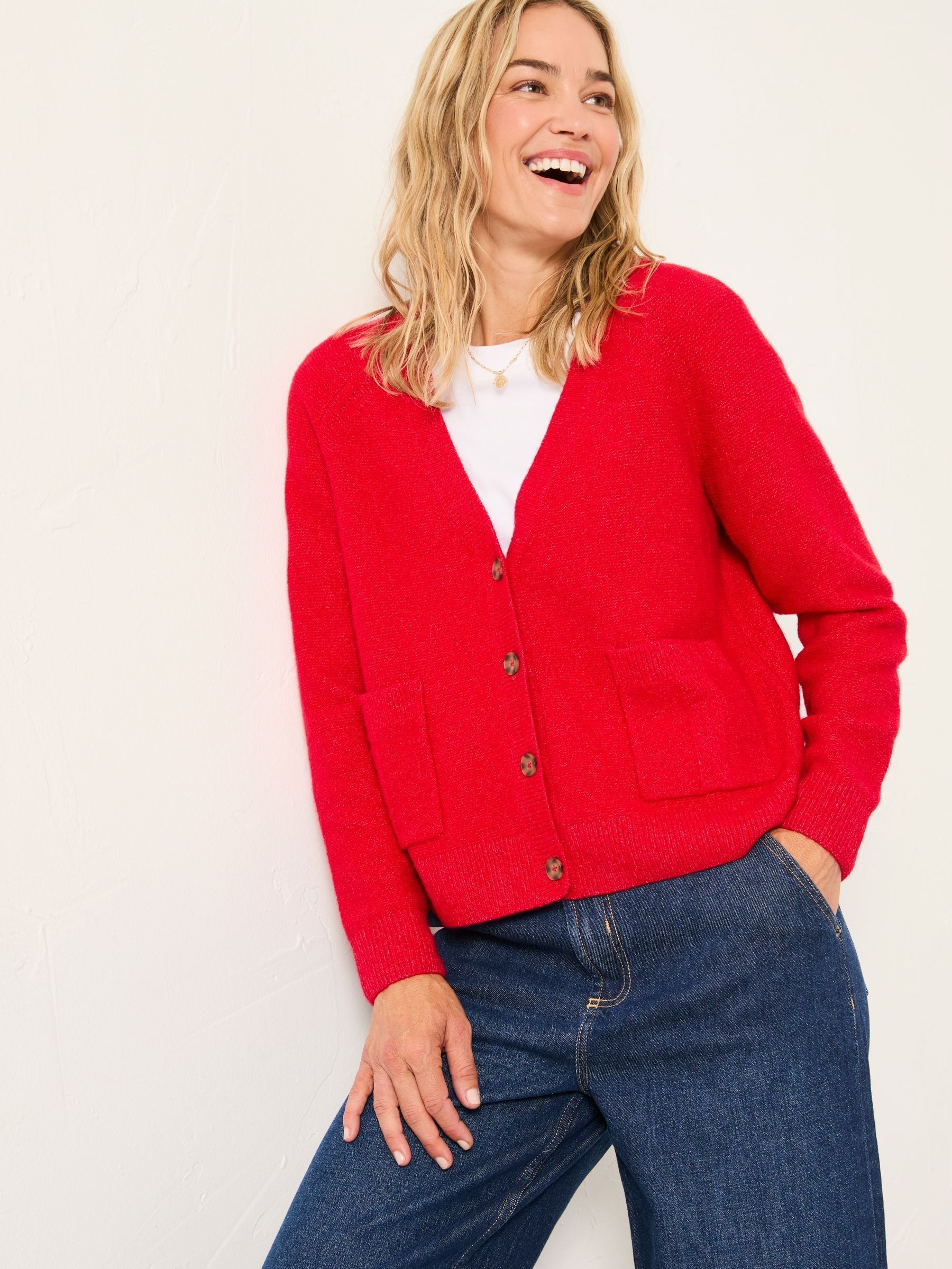 Polly Red V Neck Knitted Cardigan (F00574) | $93