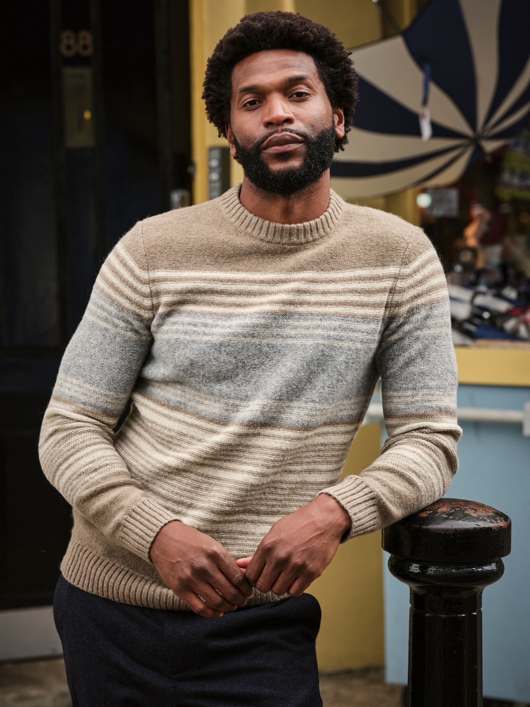 Calder Natural Stripe Crew Neck Knitted Jumper (F02224) | $95