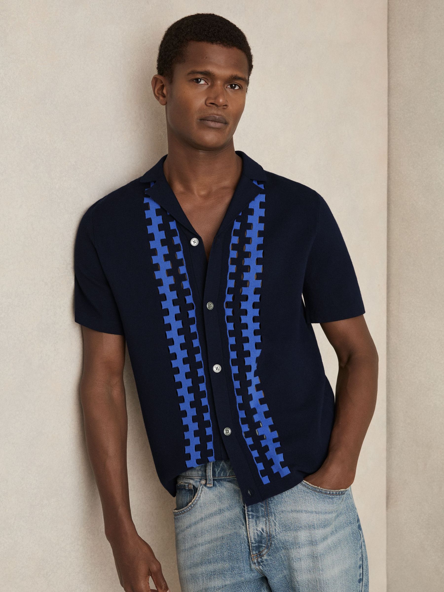 Geometric Cuban Collar Knit Shirt in Navy/Blue (F02821) | €185