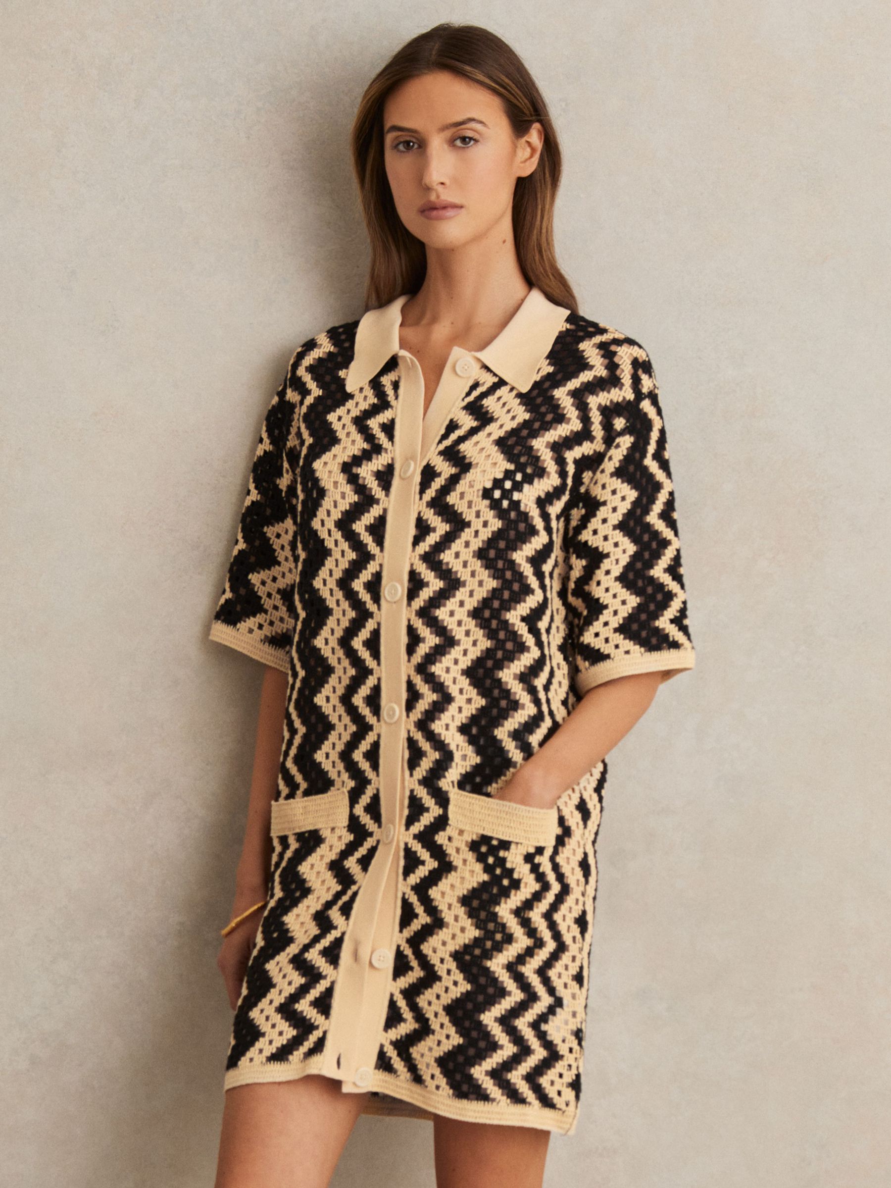 Cotton Blend Patterned Crochet Dress in Black/Cream (F02827) | €285