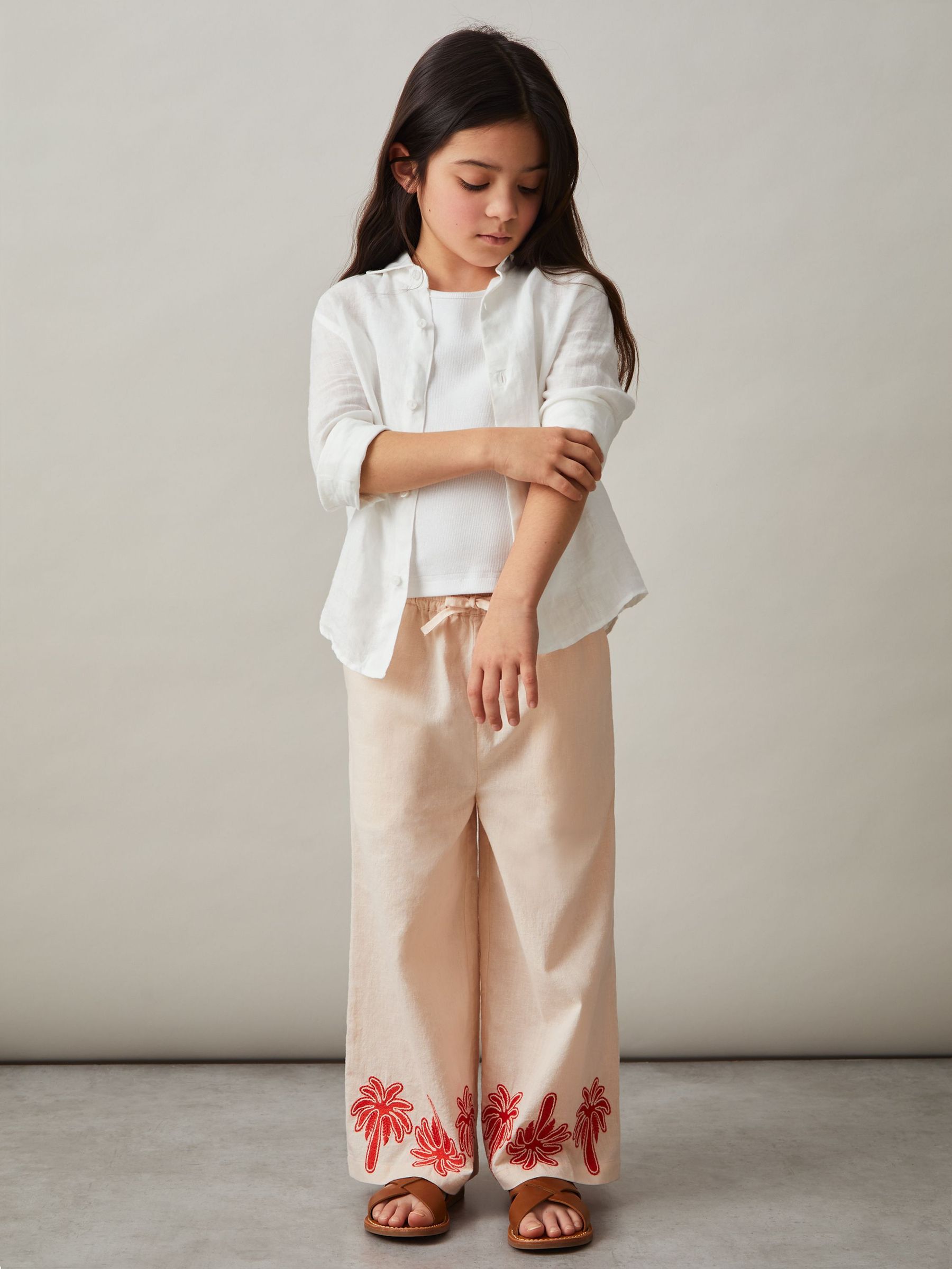 Cotton Linen Palm Embroidery Trousers in Stone (F02828) | US$80