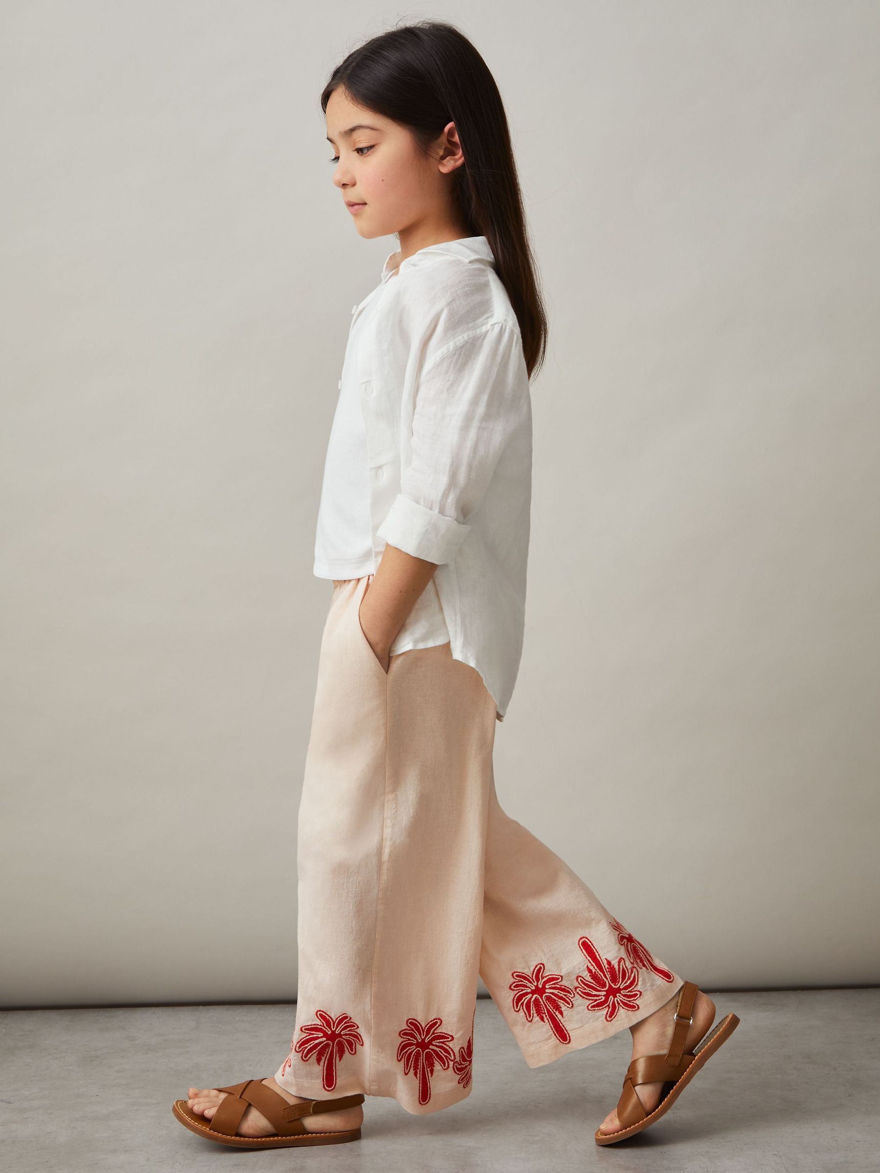 Cotton-Linen Palm Embroidery Trousers in Stone (F02837) | US$90
