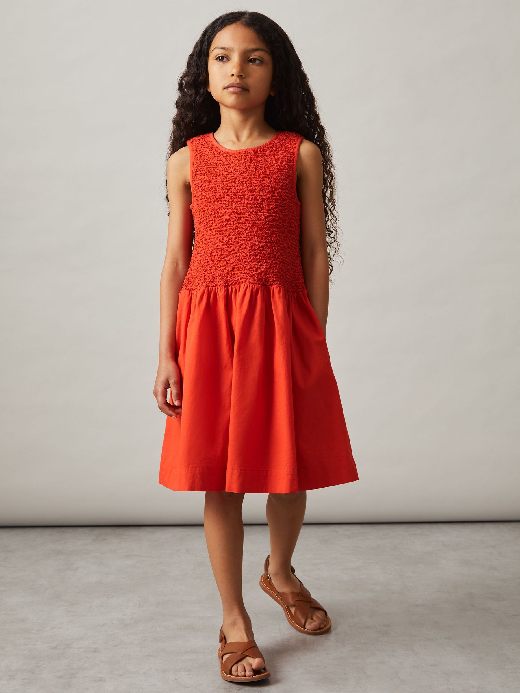 Cotton Shirred-Bodice Dress in Red (F02842) | US$95