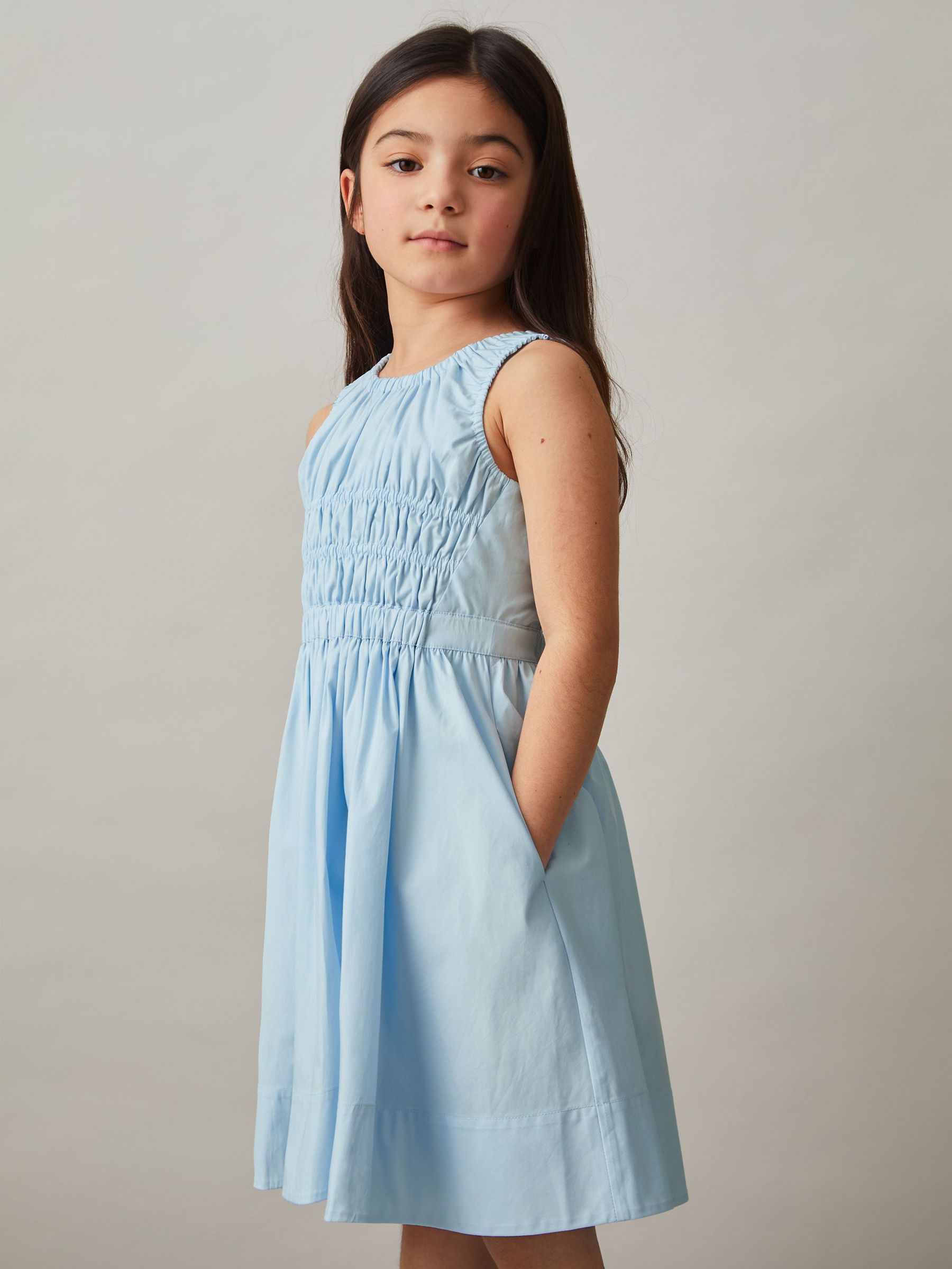 Cotton Shirred Sleeveless Dress in Blue (F02846) | US$90