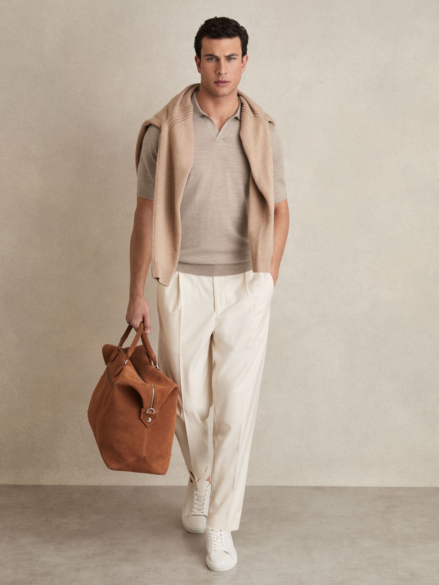 Merino Wool Open Collar Polo Shirt in Wheat Melange (F02850) | €125
