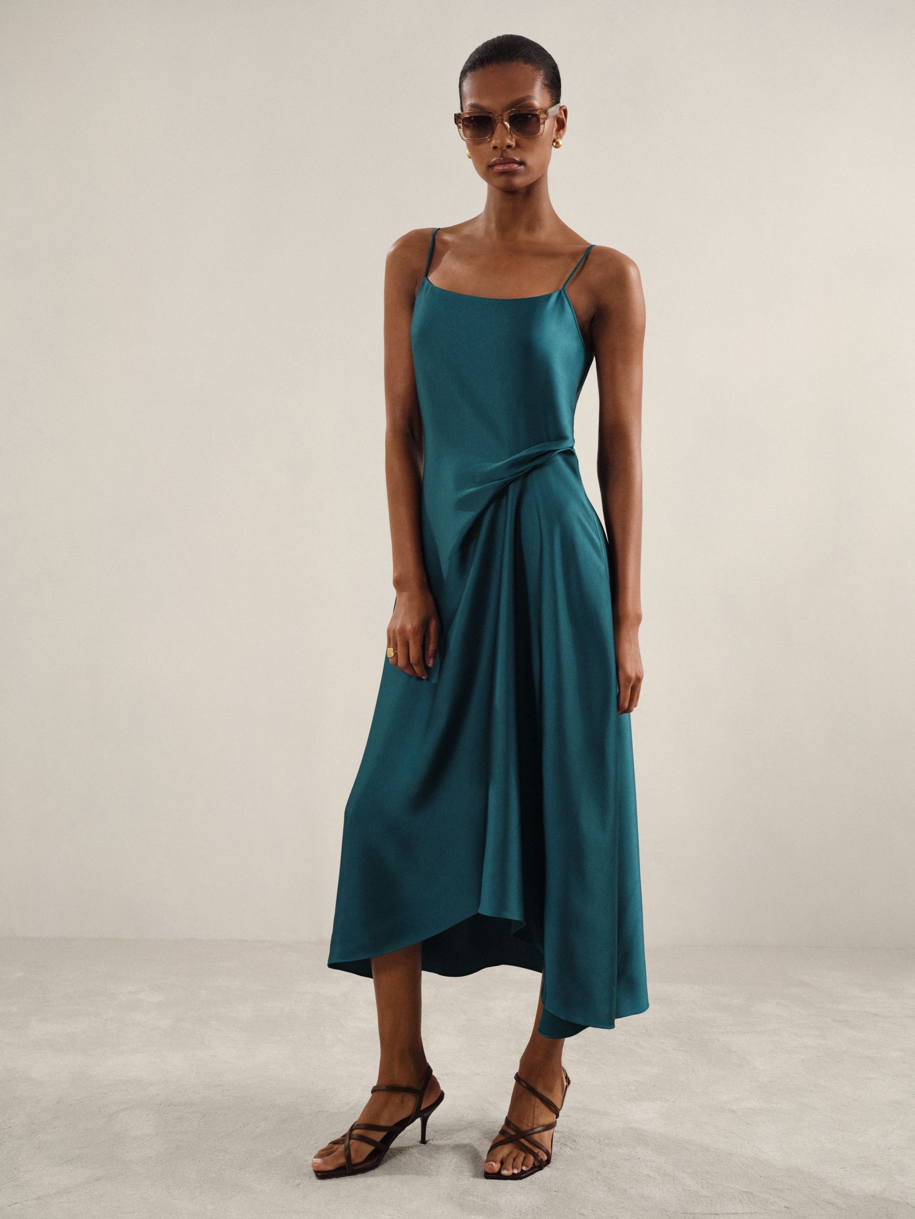 Petite Satin Drape-Detail Slip Dress in Teal (F04017) | €245
