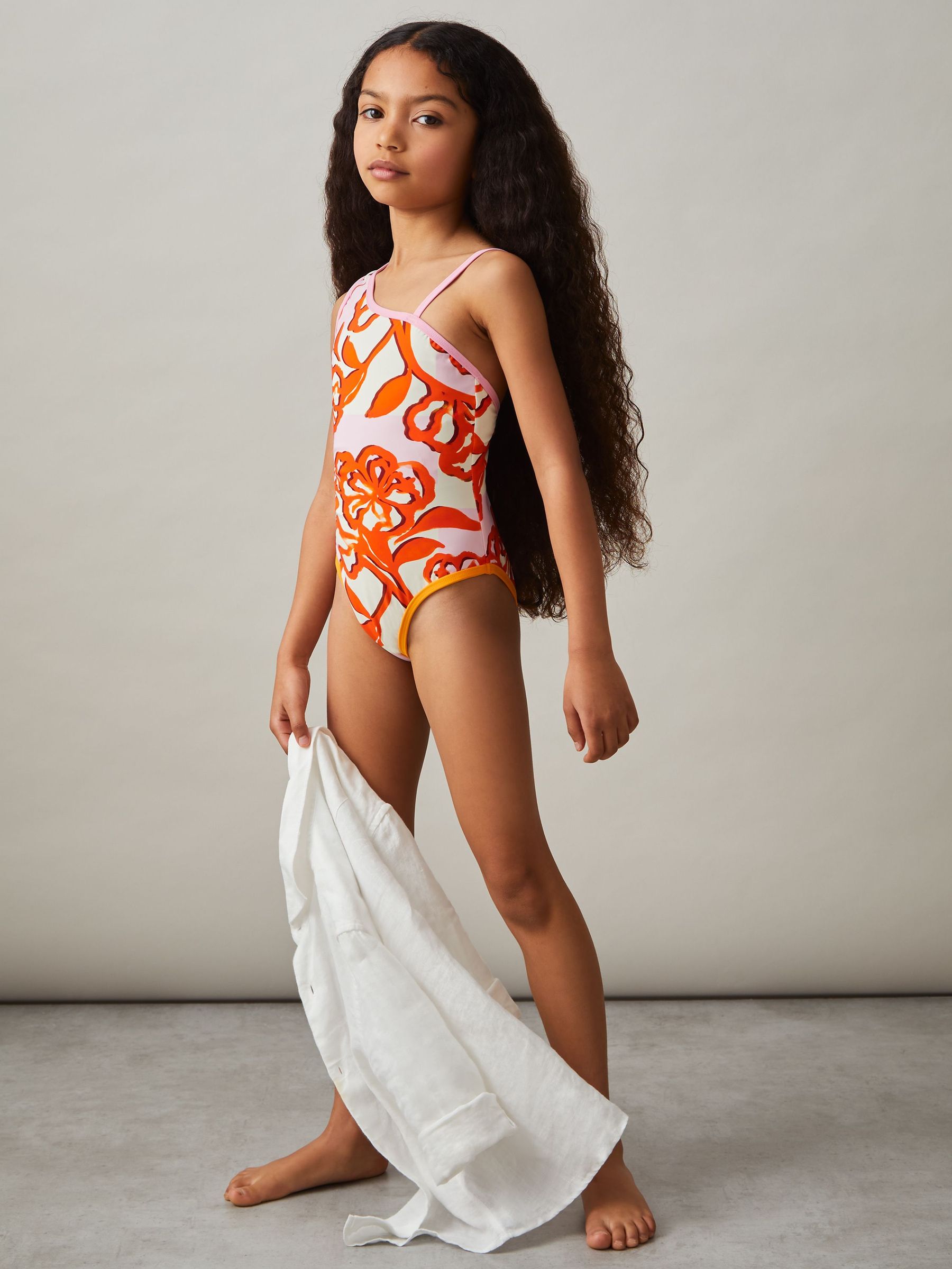 9-13 yrs Floral Print One Shoulder Swimsuit in Pink Print (F04031) | 114 QAR