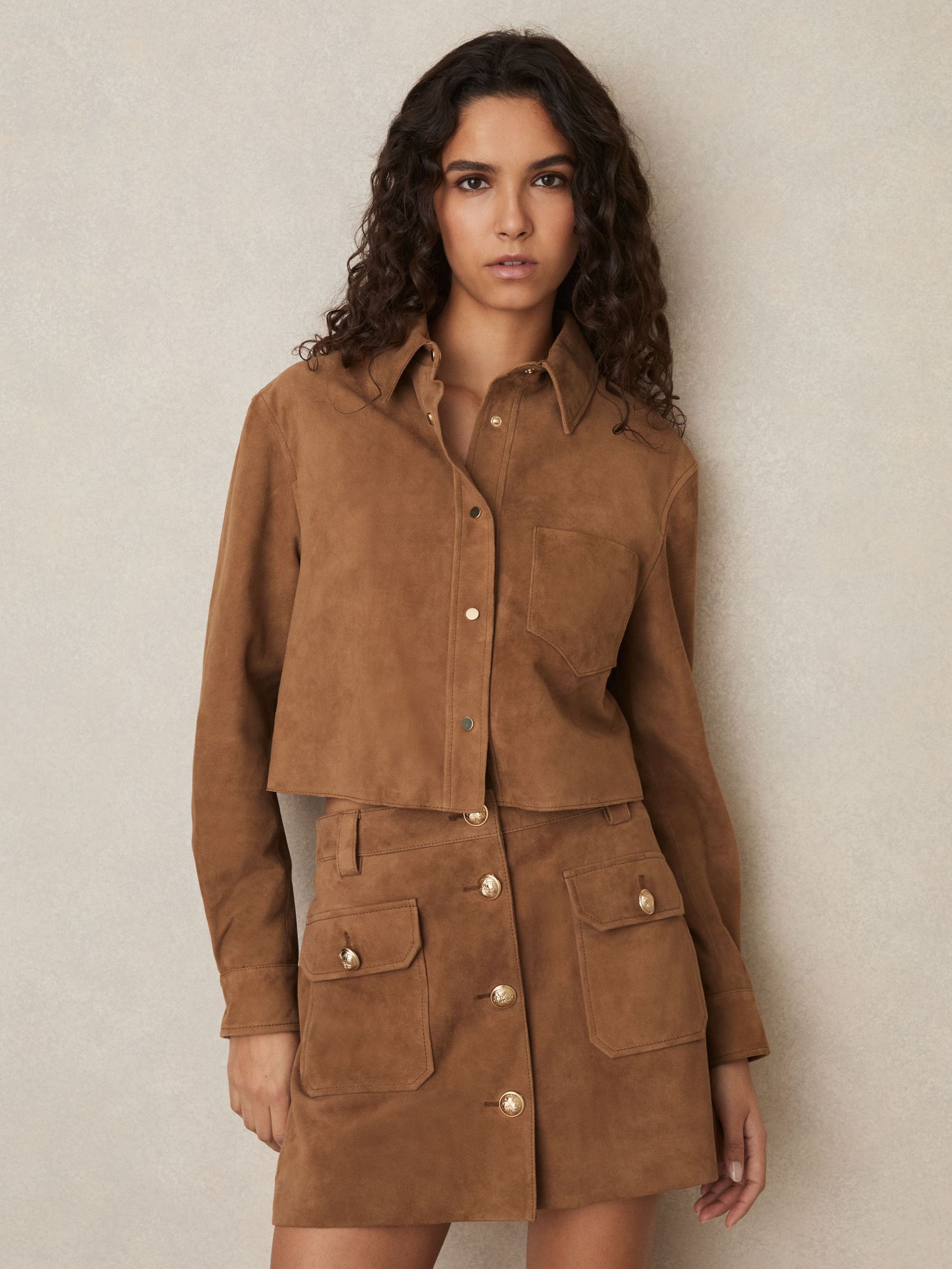 Suede Press-Stud Cropped Shirt in Tan (F04032) | 1,990 SAR