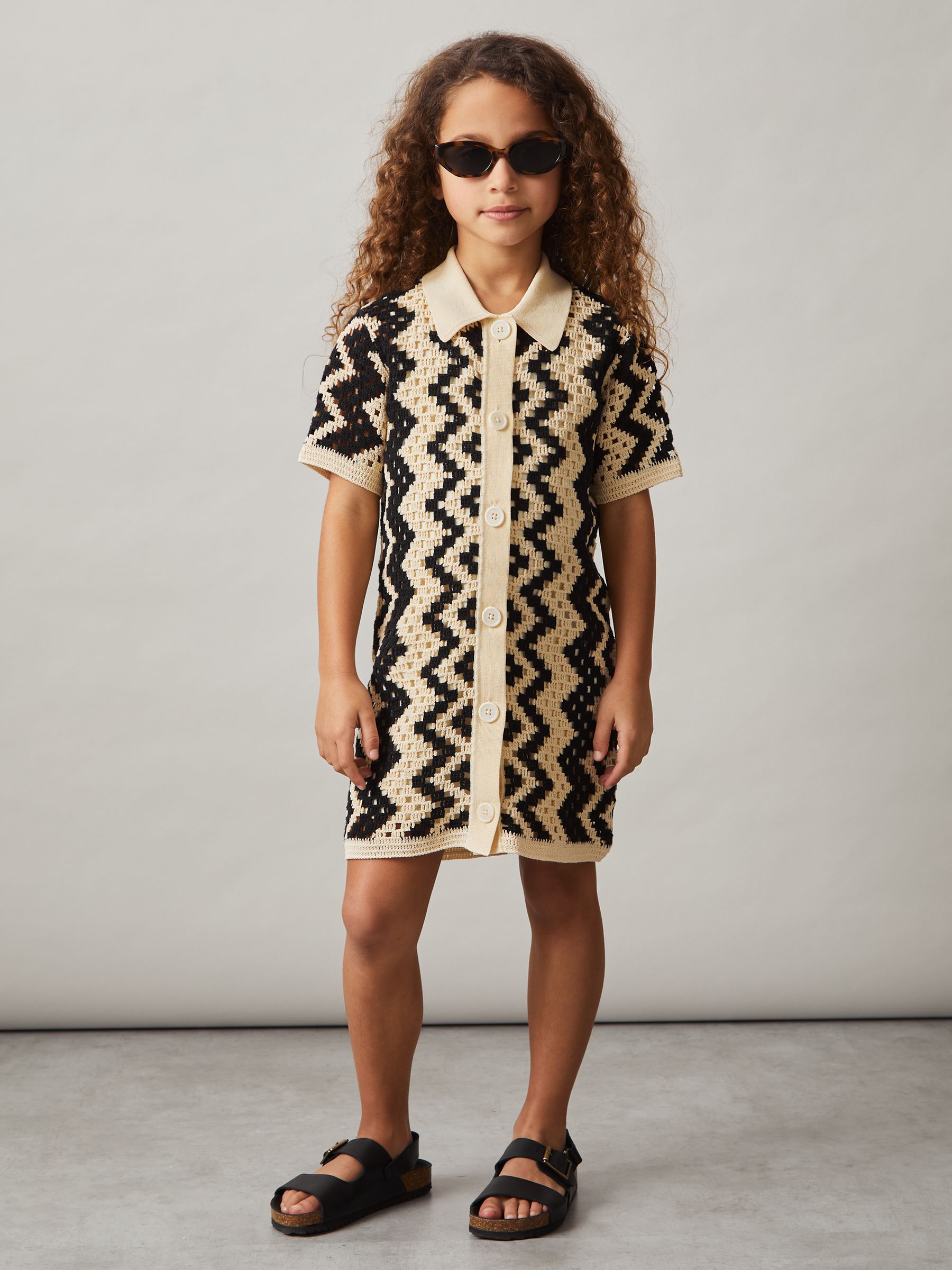 Cotton-Blend Patterned Crochet Dress in Ecru (F04037) | US$120
