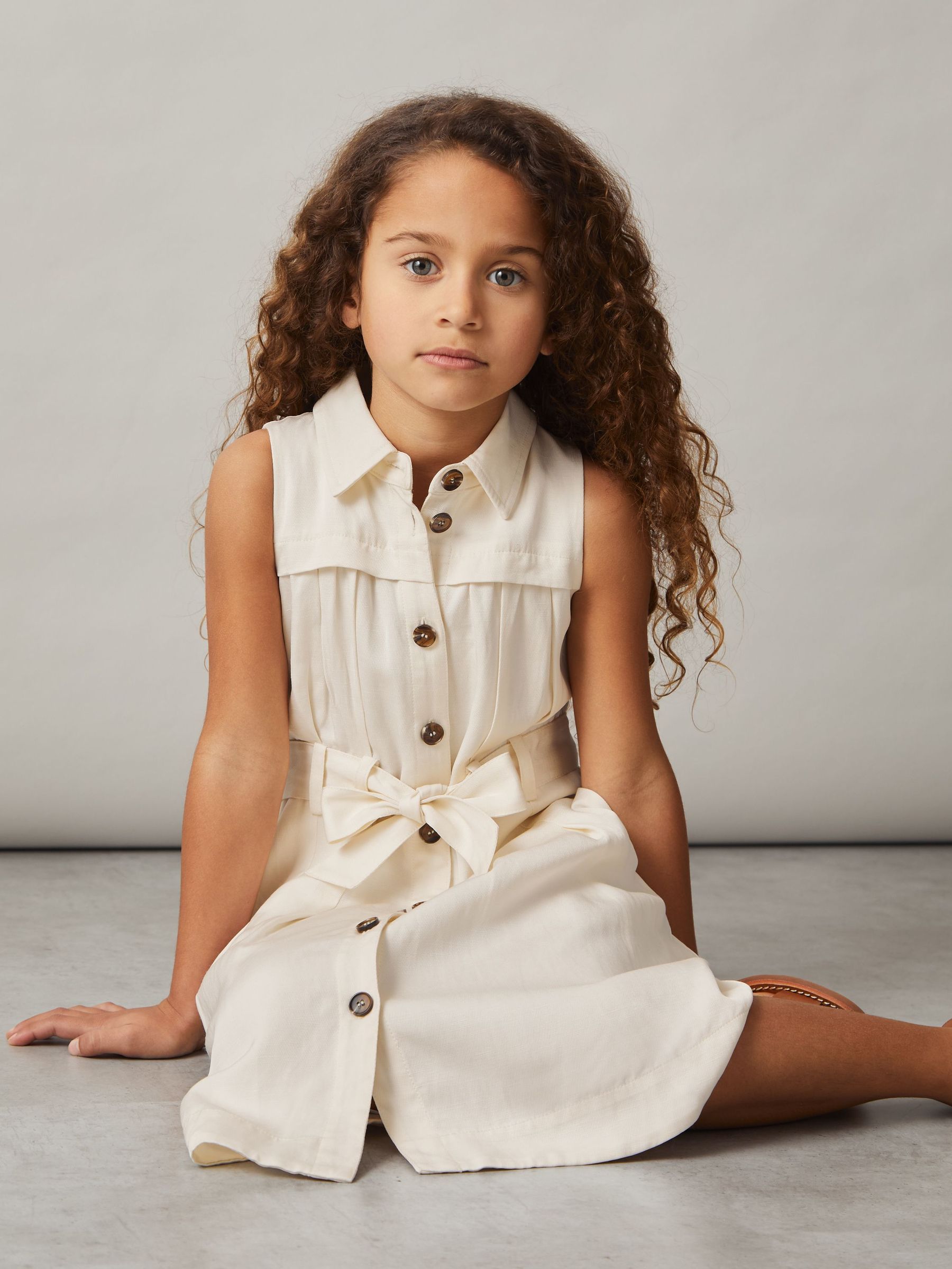 9-13 yrs Tie-Waist Collared Dress in Ivory (F04048) | US$120
