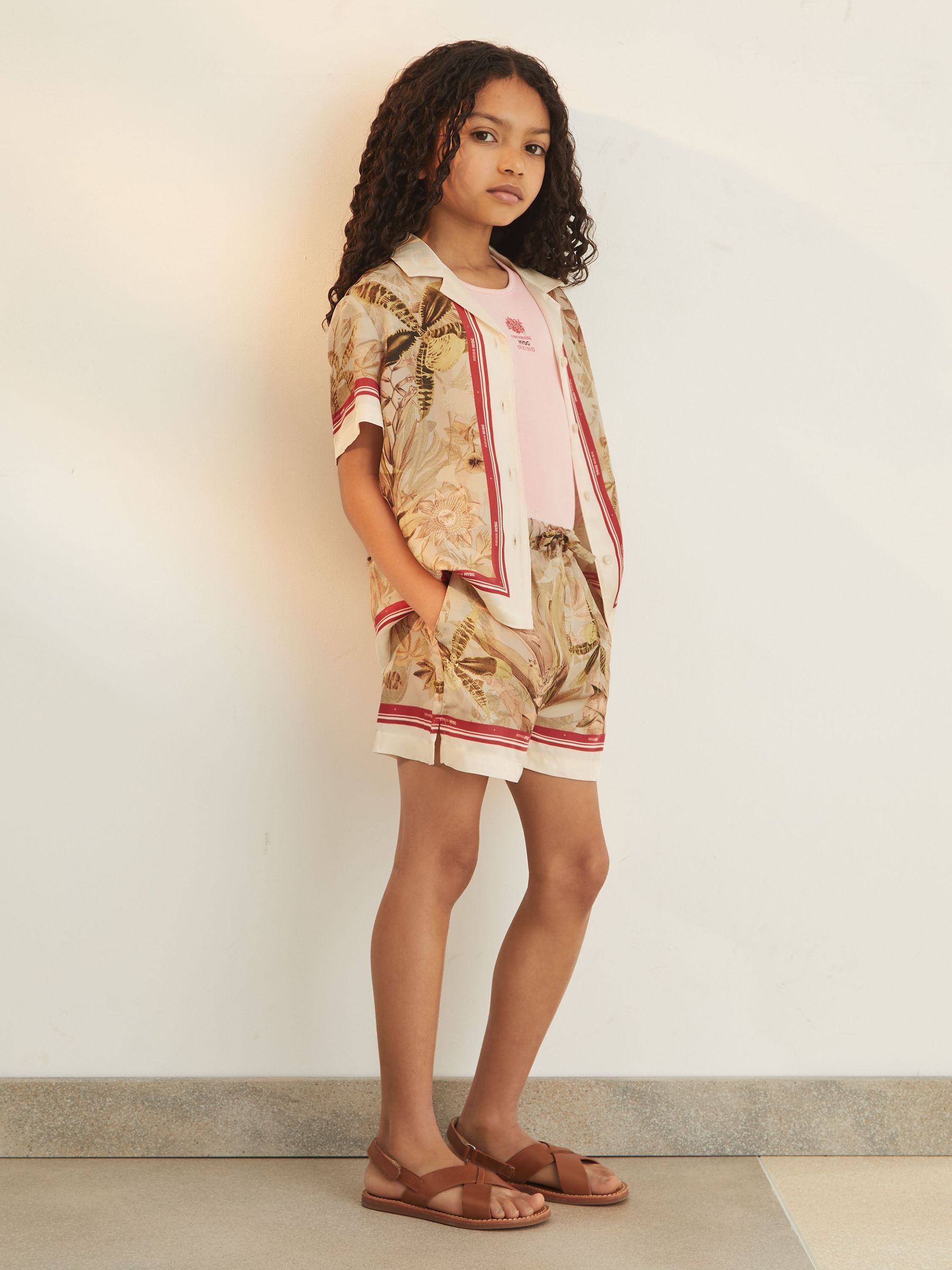 4-9 yrs Reiss | NYBG Satin Floral-Print Shorts in Khaki (F04060) | US$80