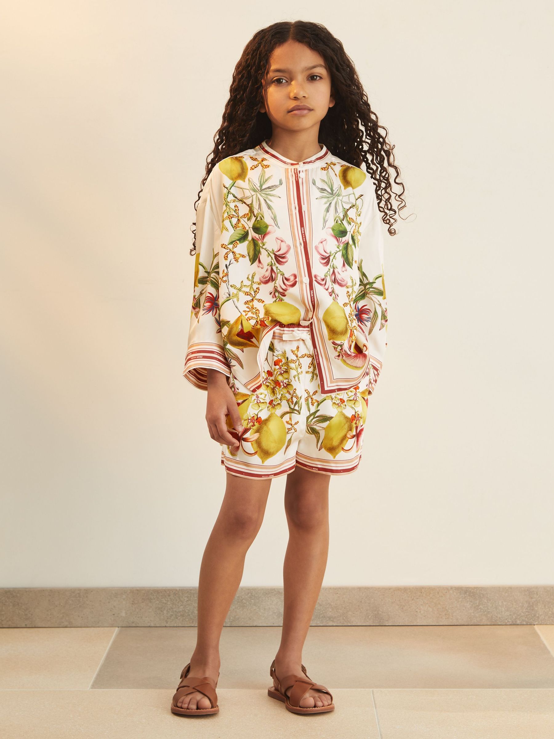 4-9 yrs Reiss | NYBG Satin Floral-Print Shorts in Ivory (F04062) | US$80