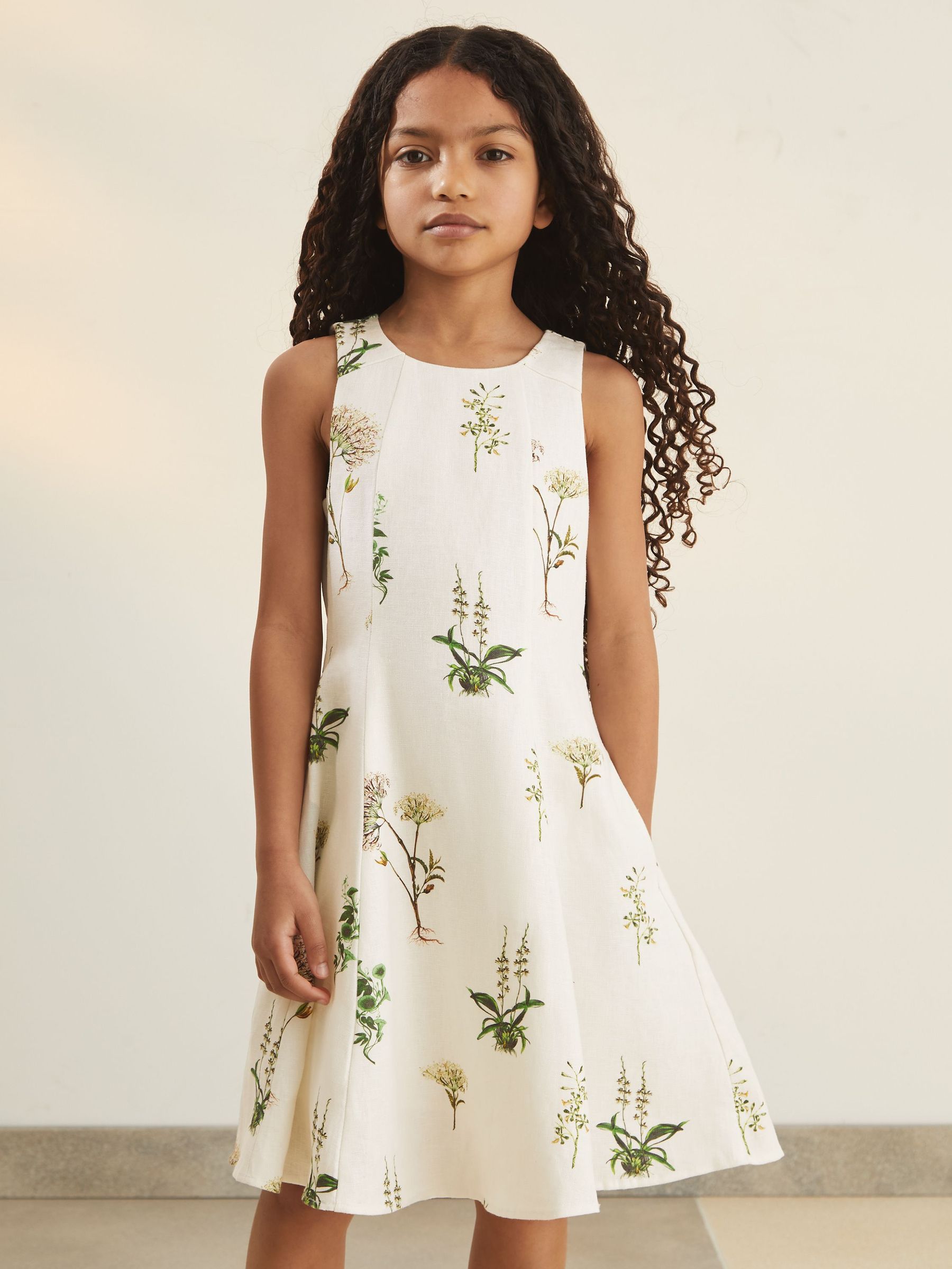 4-9 yrs Reiss | NYBG Linen Floral Flared Dress in Ivory (F04074) | US$150