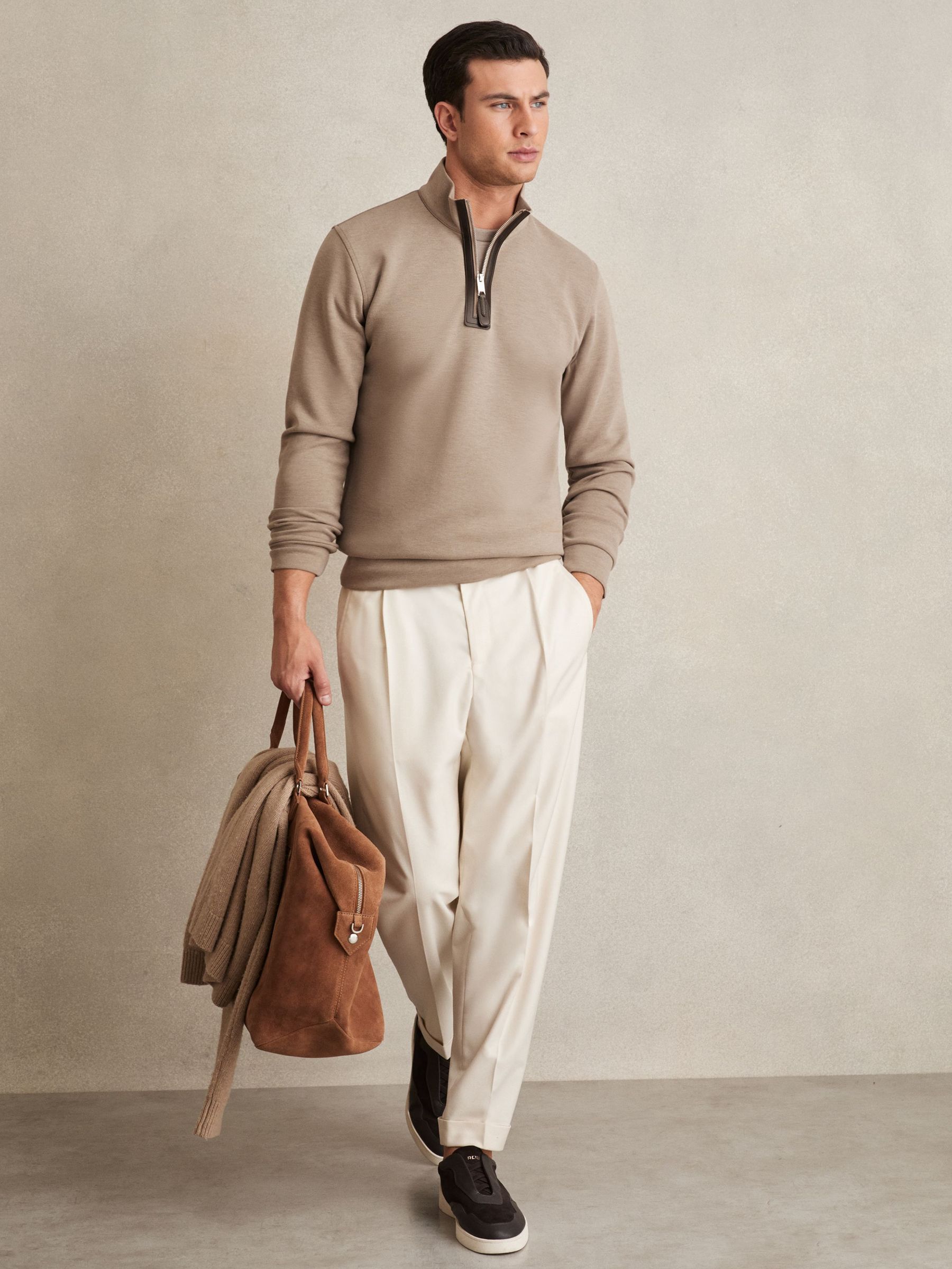 Leather-Placket Interlock Sweatshirt in Taupe Brown (F06890) | US$190