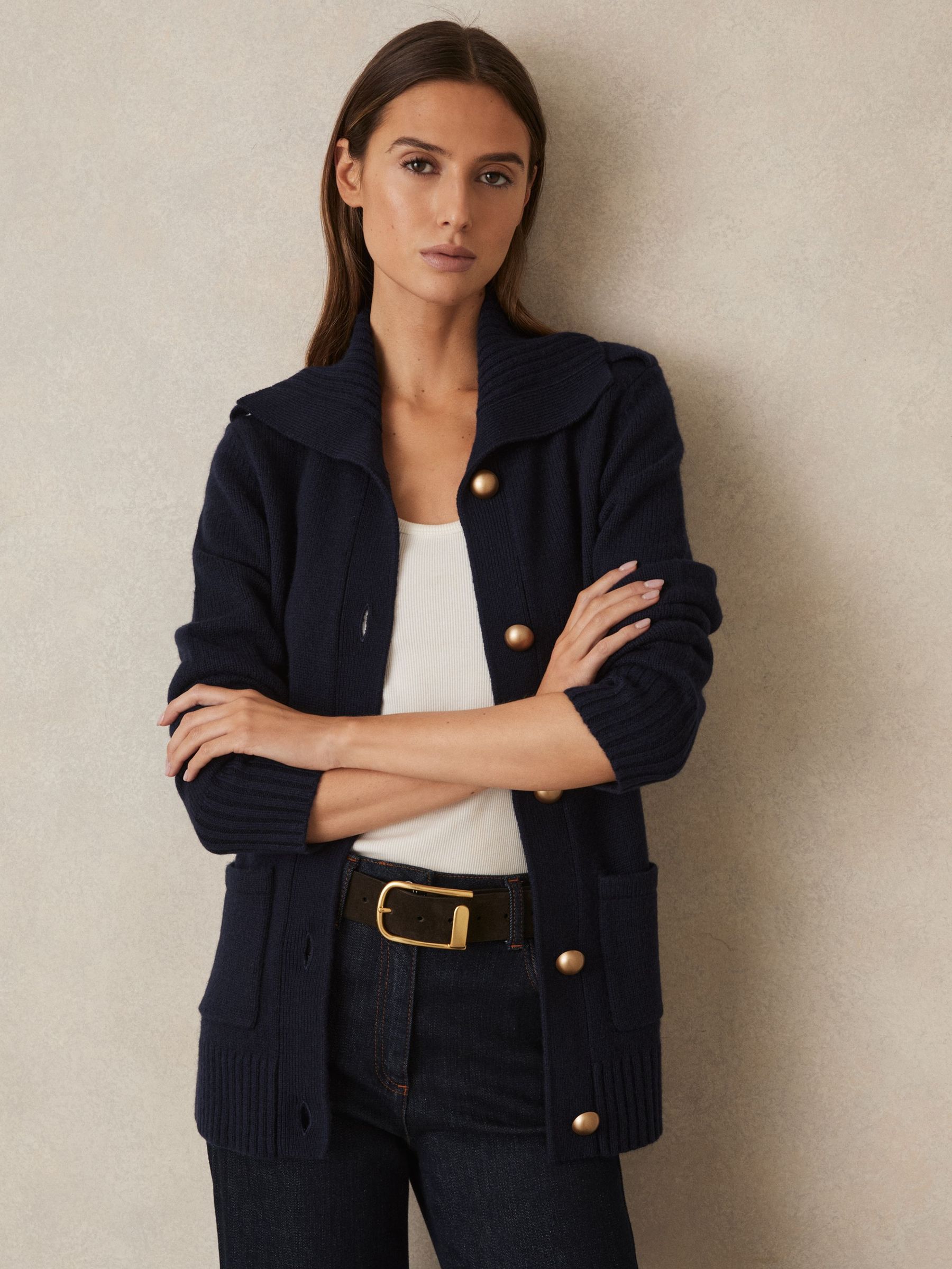 Wool-Cashmere Spread Collar Cardigan in Navy (F06891) | AED945