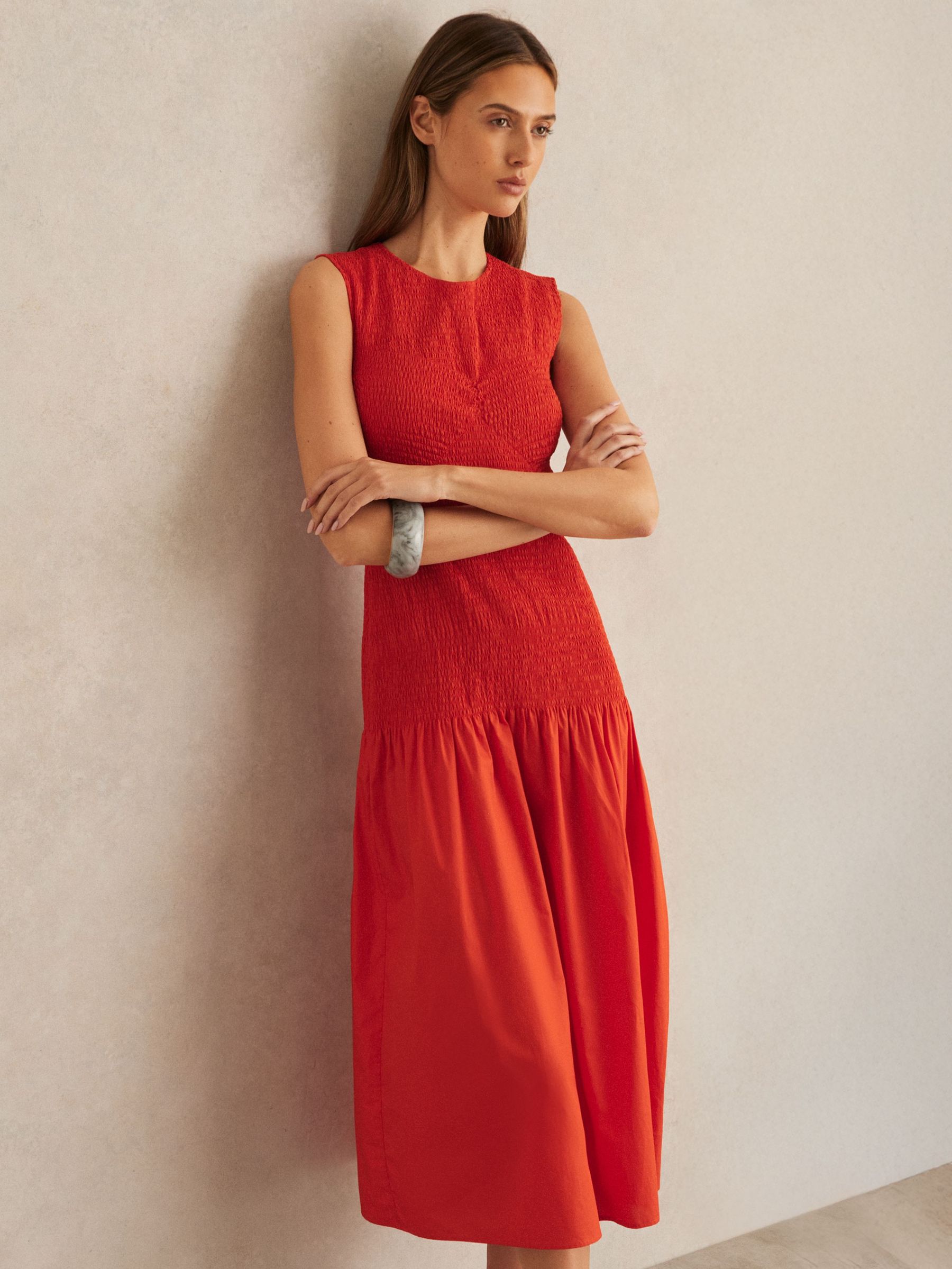 Cotton Shirred Midi Dress in Red (F06899) | $390