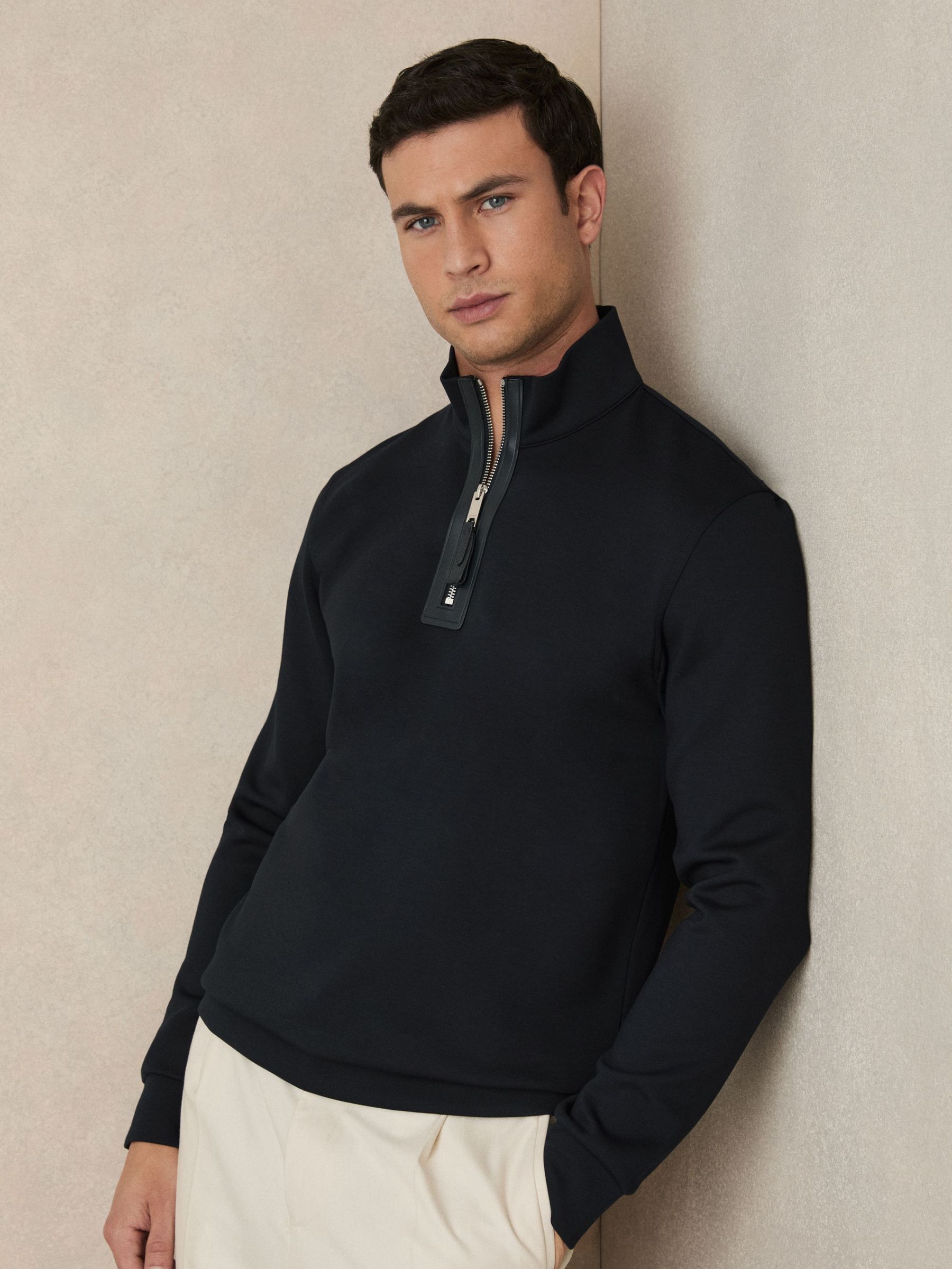 Leather-Placket Interlock Sweatshirt in Navy Blue (F06900) | US$190