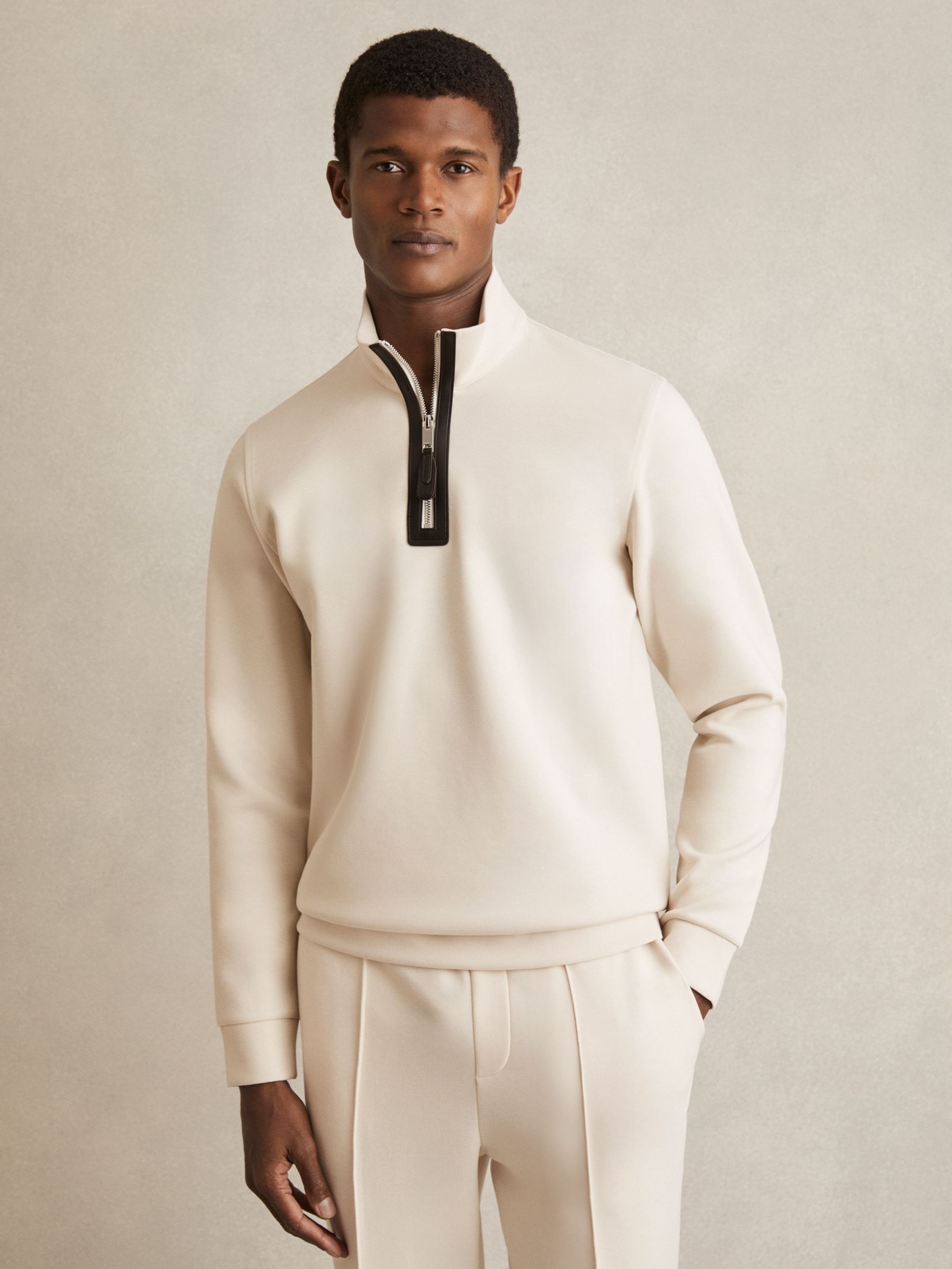 Leather-Placket Interlock Sweatshirt in Off White (F06903) | US$190