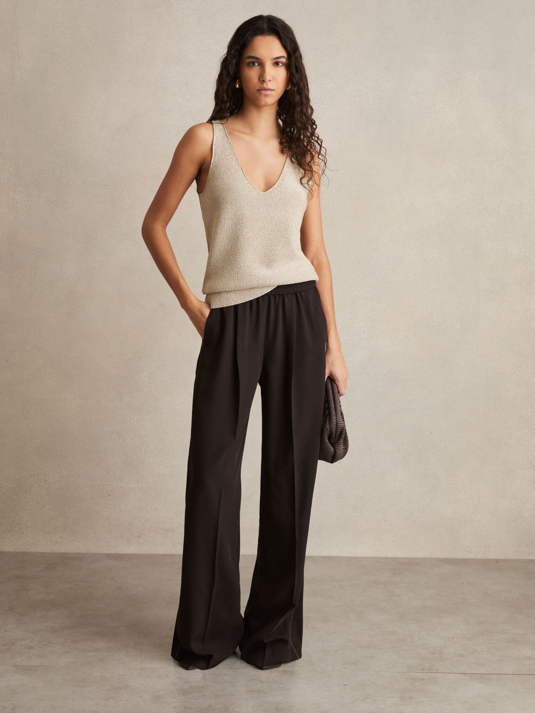Elasticated Side Stripe Wide Leg Trousers in Chocolate Brown (F06905) | $280