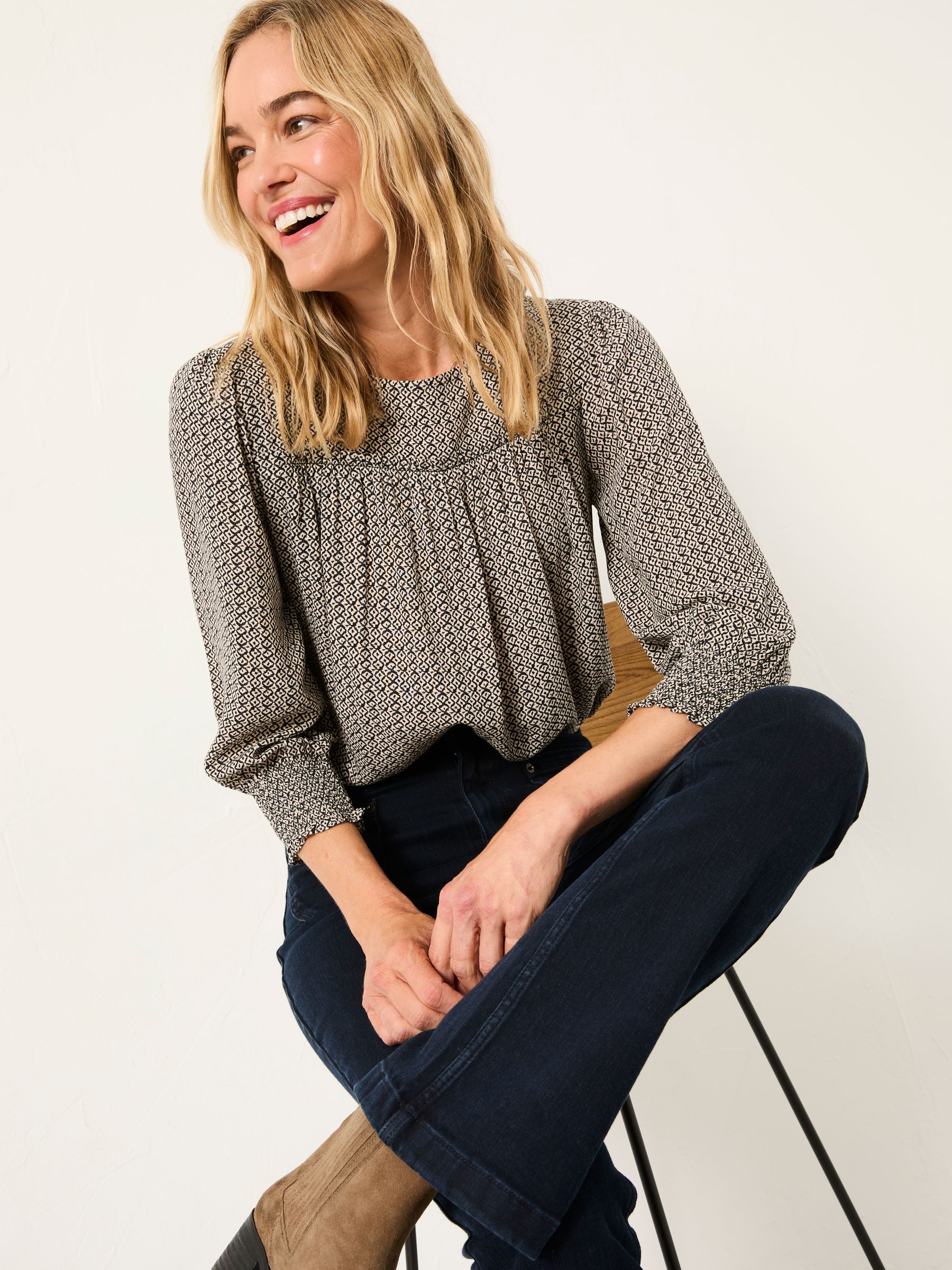 Shelley Dark Natural Ikat Geo Blouse (F07579) | $72