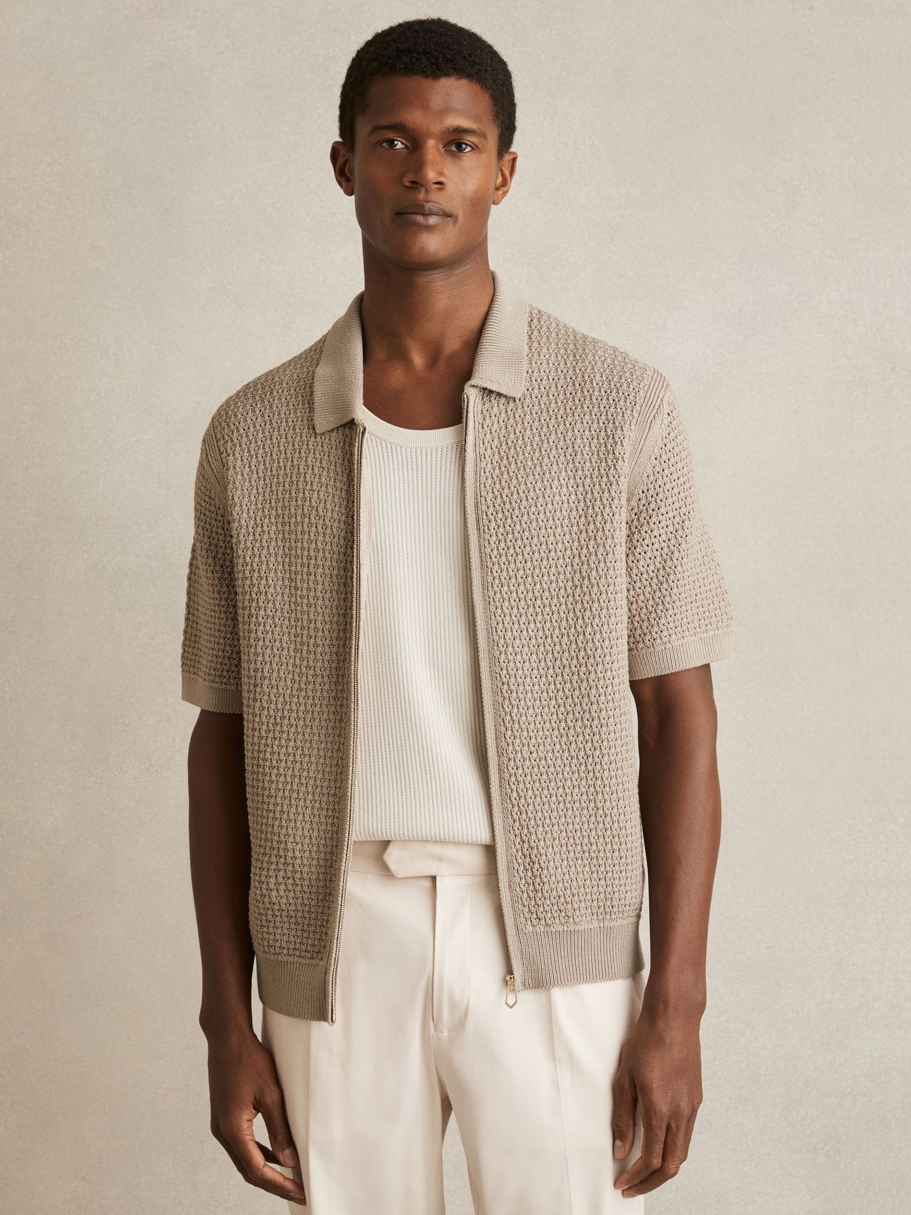 Textured-Knit Zip-Through Shirt in Stone (F07915) | 785 SAR