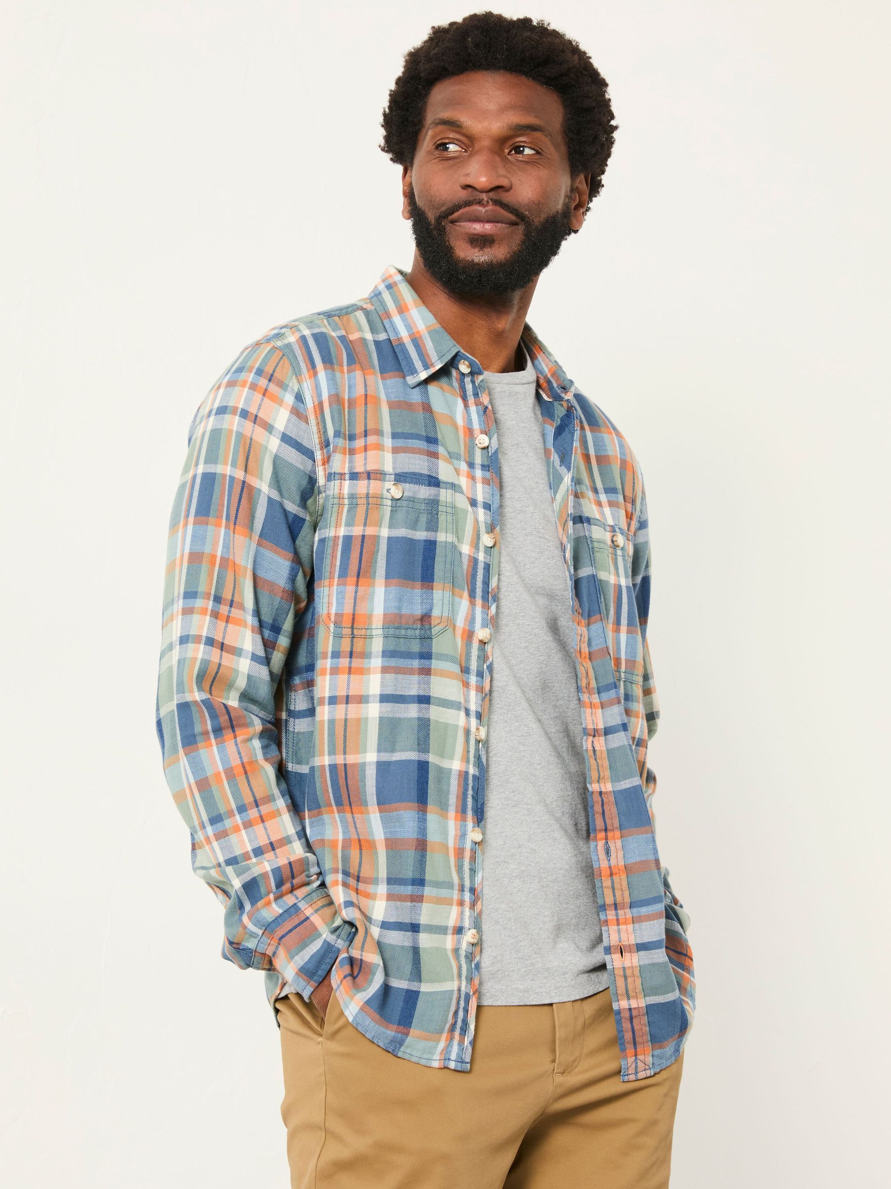 Emley Burnt Orange Long Sleeve Indigo Check Shirt (F09294) | $95