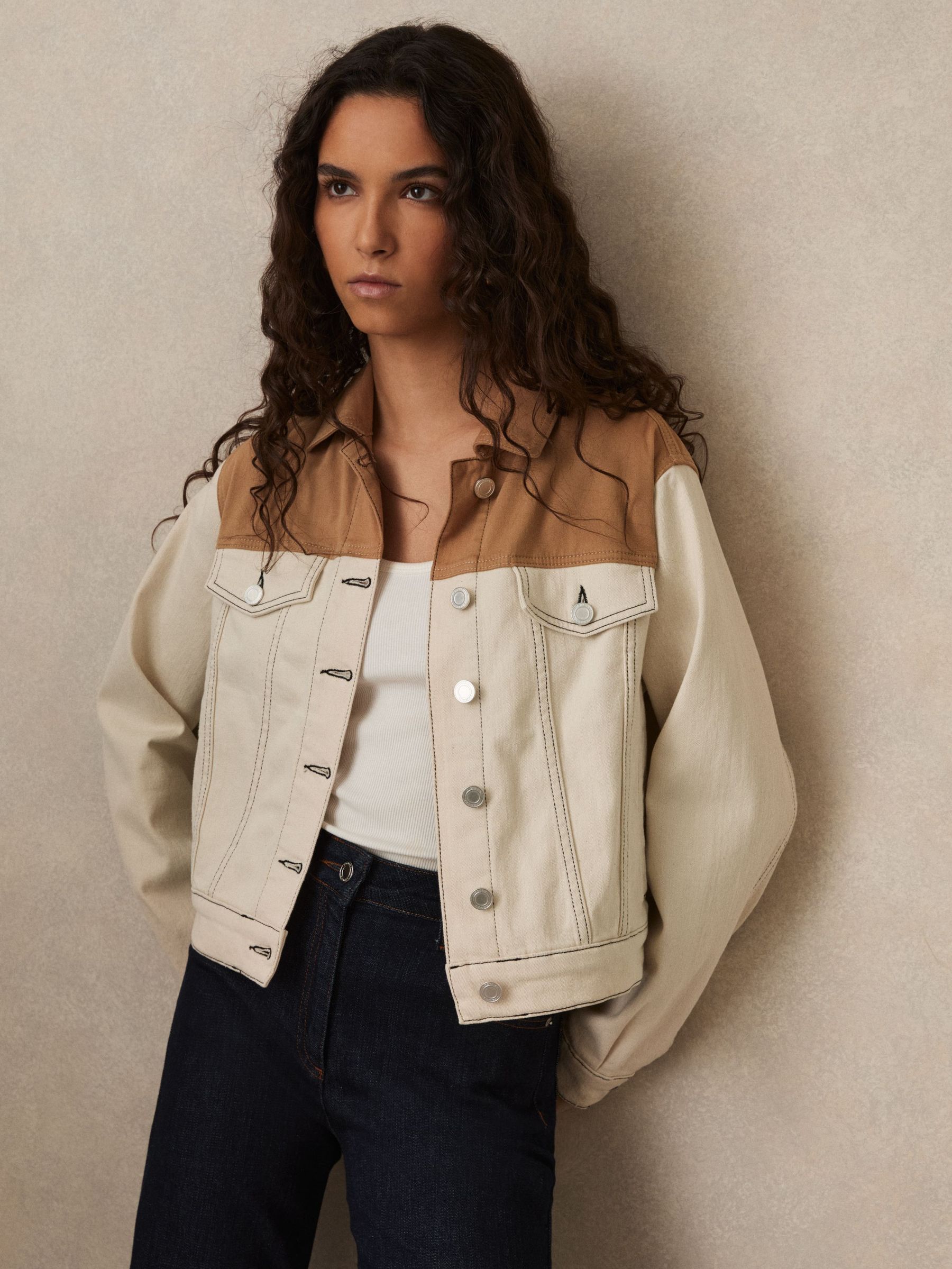 Colour-Block Denim Jacket in Ecru (F09533) | €285