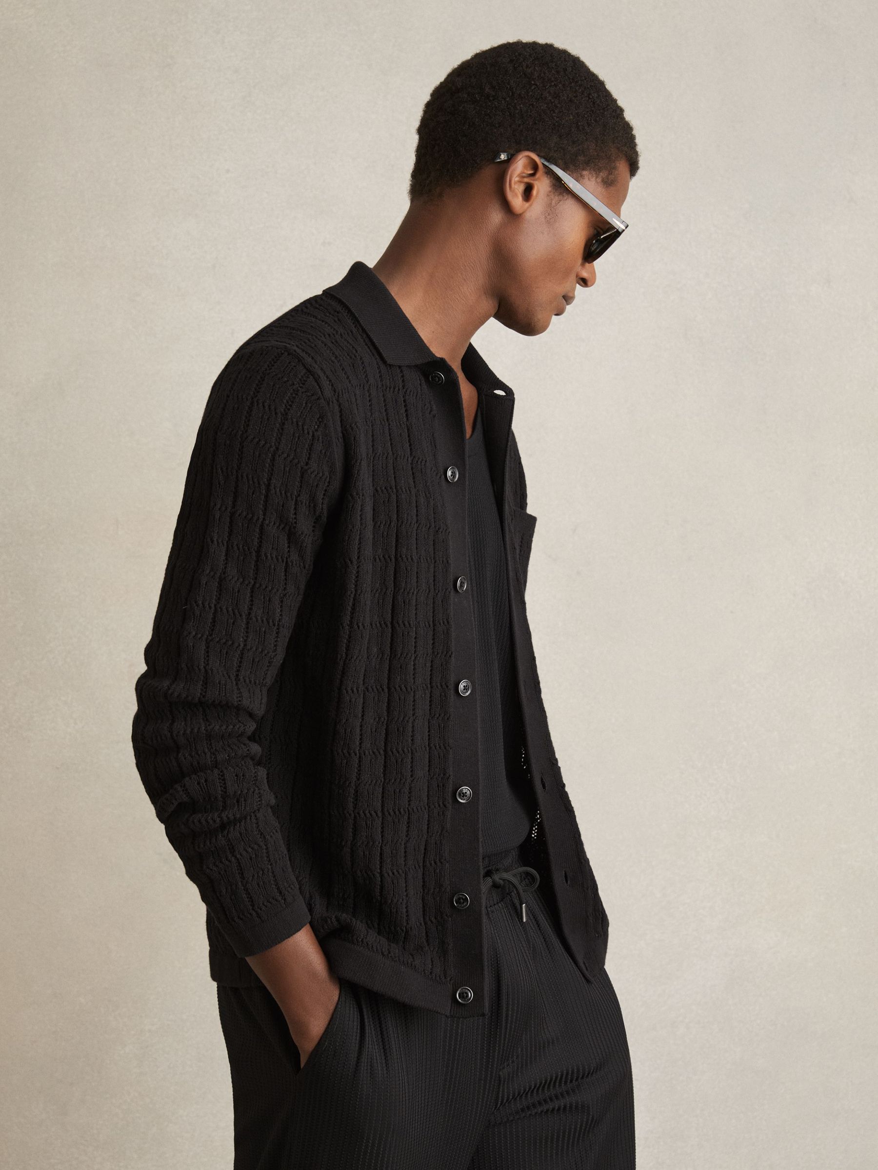 Cotton-Blend Textured Knit Shirt in Black (F09540) | US$215