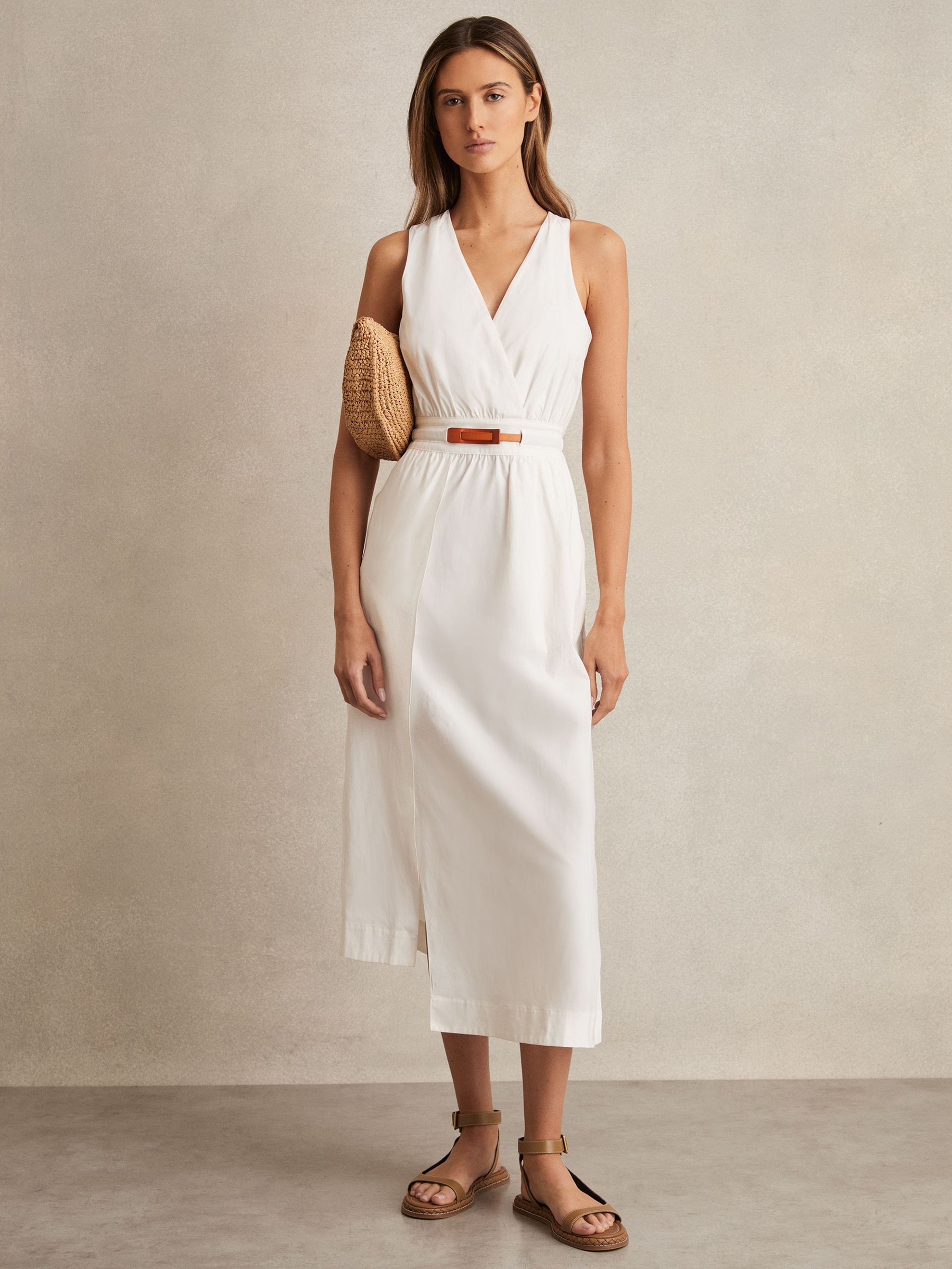 Petite Poplin Belted Split Midi Dress in Ivory (F09541) | €245