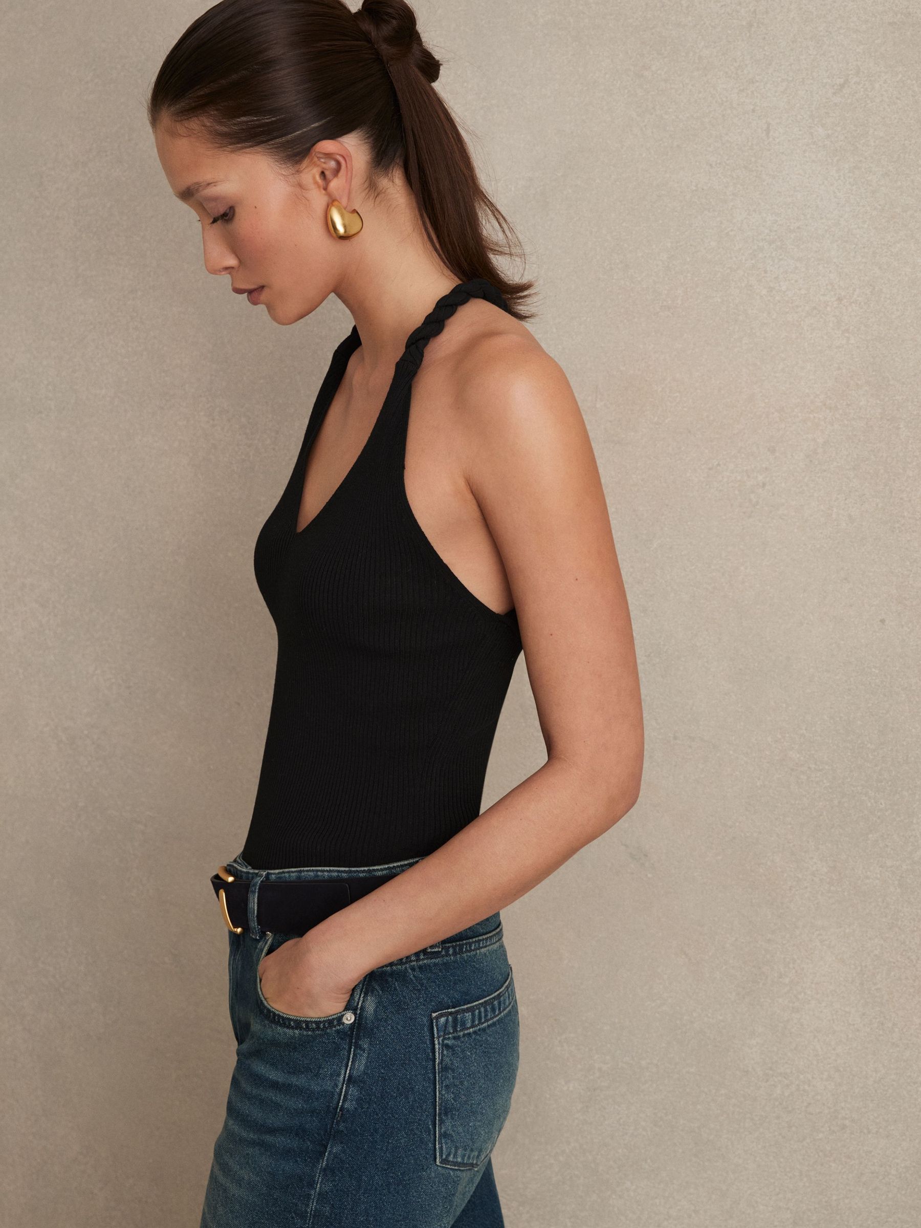 Twist-Strap Rib-Knit Vest in Black (F09555) | US$160