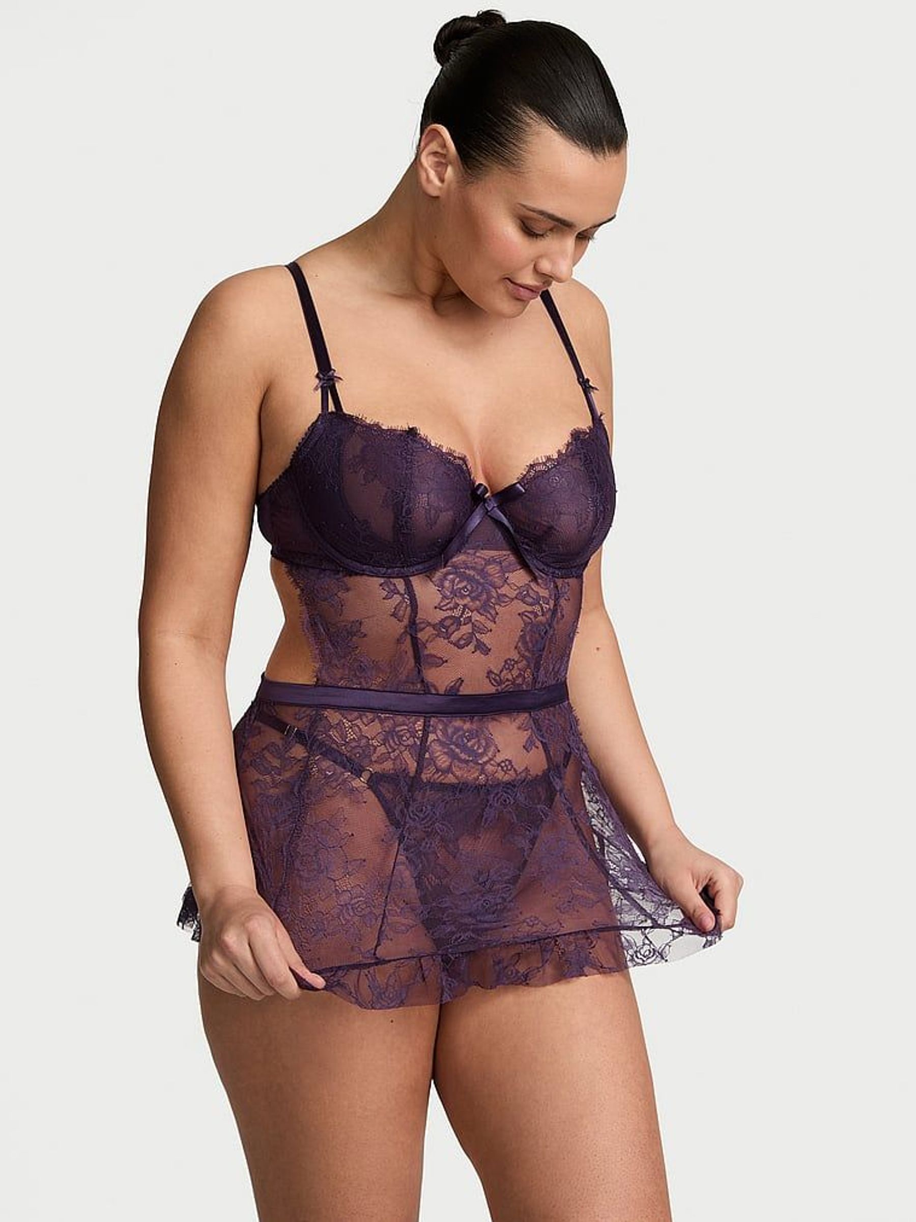 Valiant Purple Lace Unlined Balcony Babydoll Set (F11530) | €86