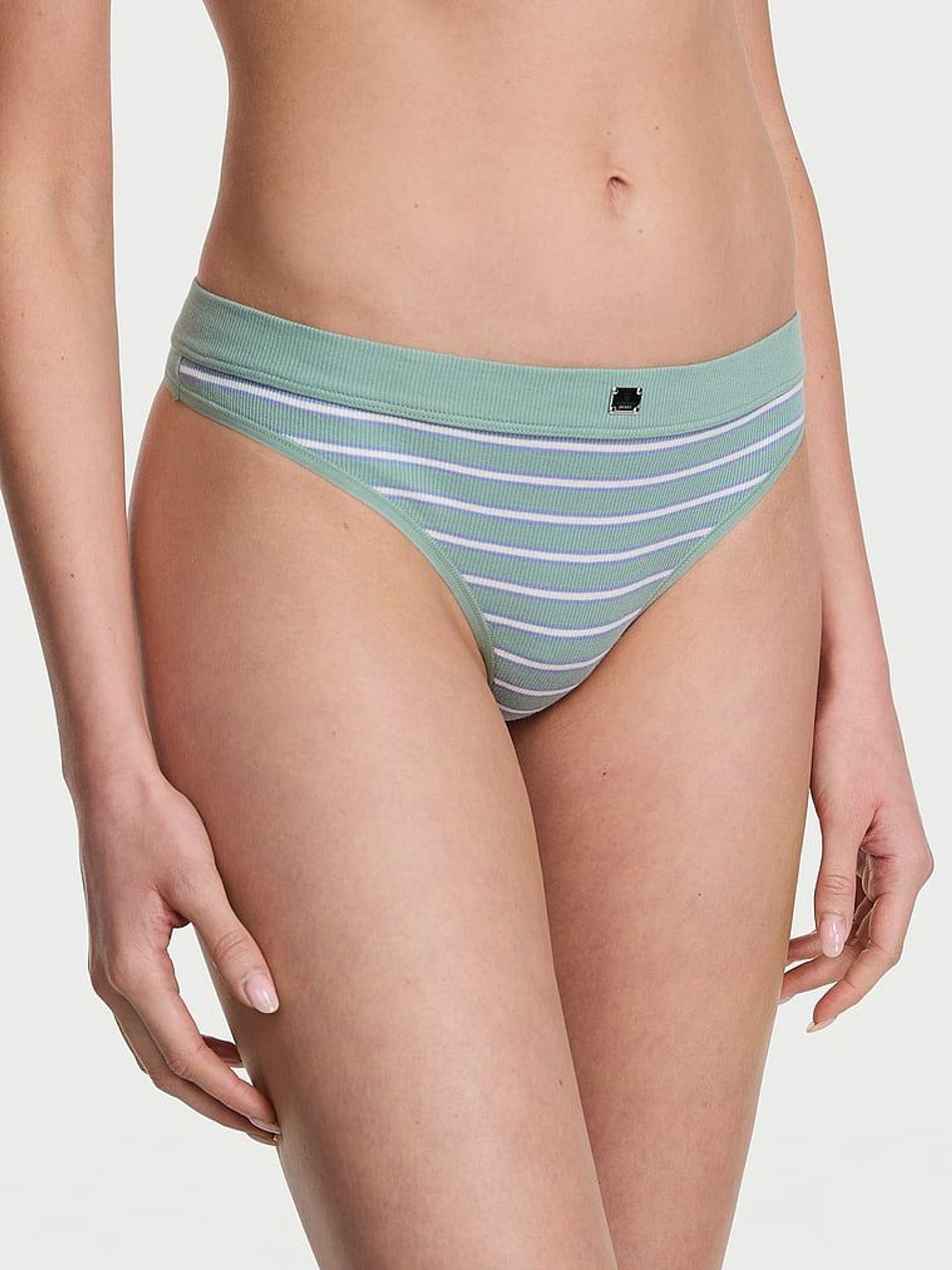 Seasalt Green Stripe Thong Cotton Rib Logo Knickers (F15599) | €10.50