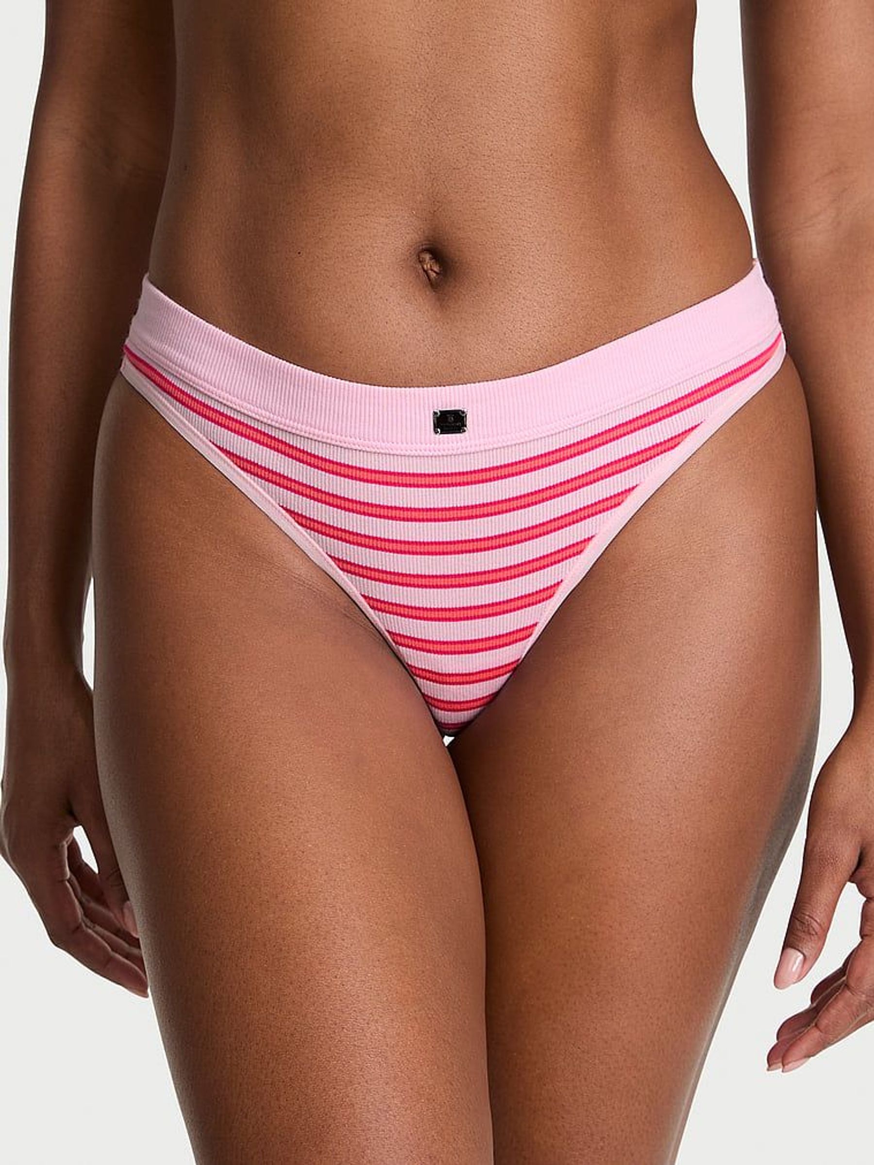 Pretty Blossom Pink Stripe Thong Cotton Rib Logo Knickers (F15609) | €10.50