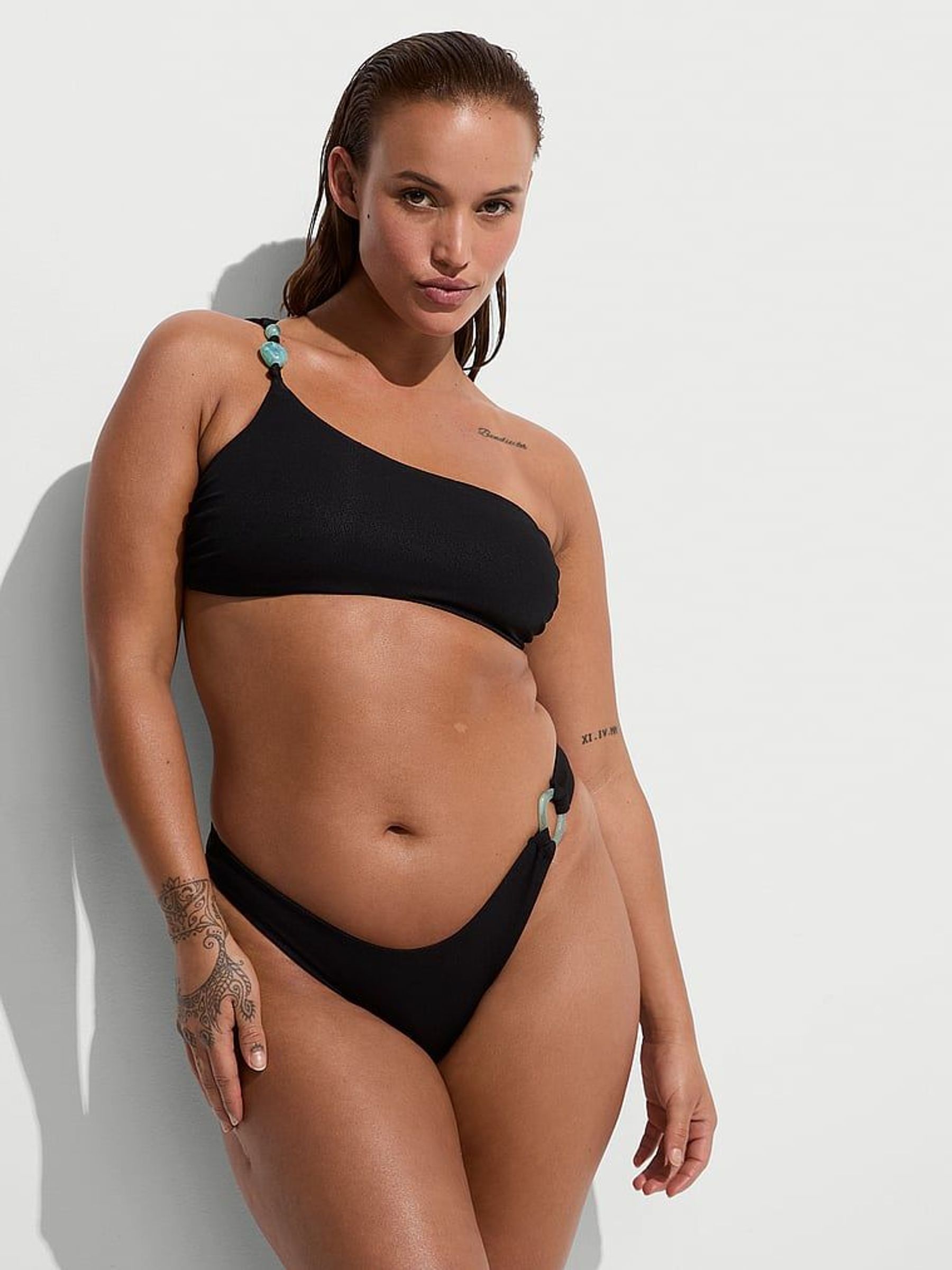 Pure Black One Shoulder Beaded Bikini Top (F15638) | €67