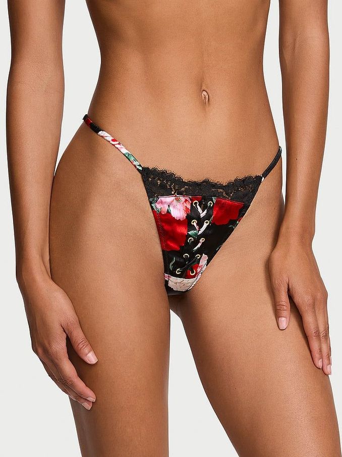Black Floral Atelier Satin Lace Trim Tanga Knickers (F18018) | €110