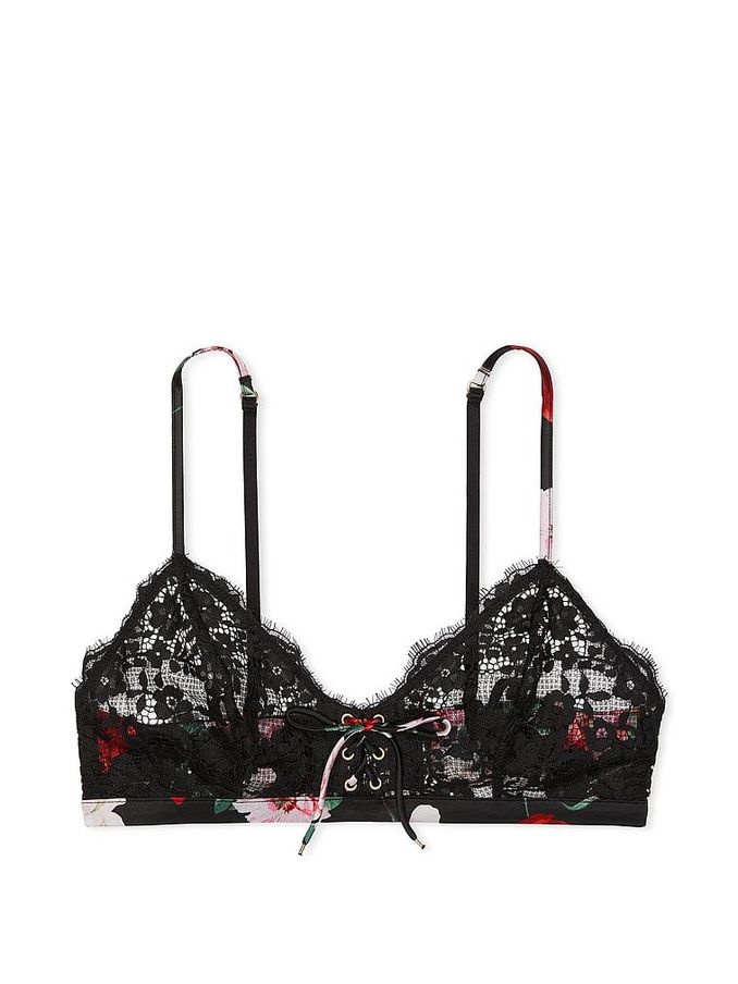 Black Floral Atelier Satin Lace Trim Triangle Bra (F18022) | €74