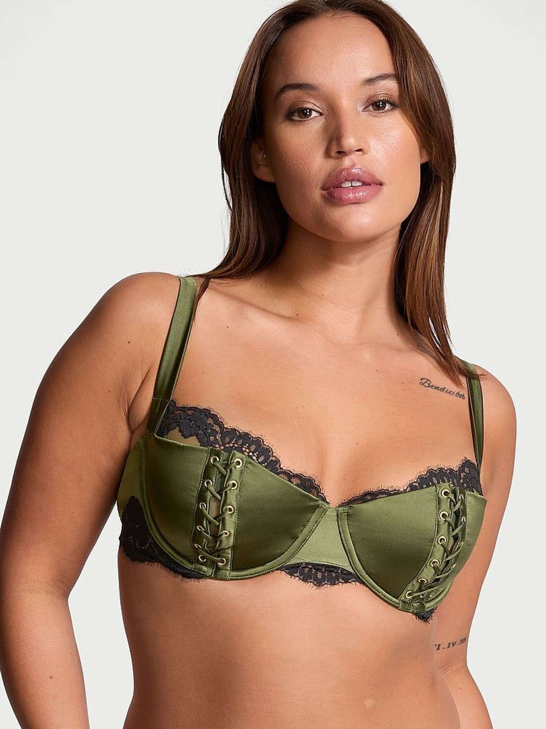 Woodland Green Silk Satin Lace Lightly Lined Balcony Bra (F18026) | €157