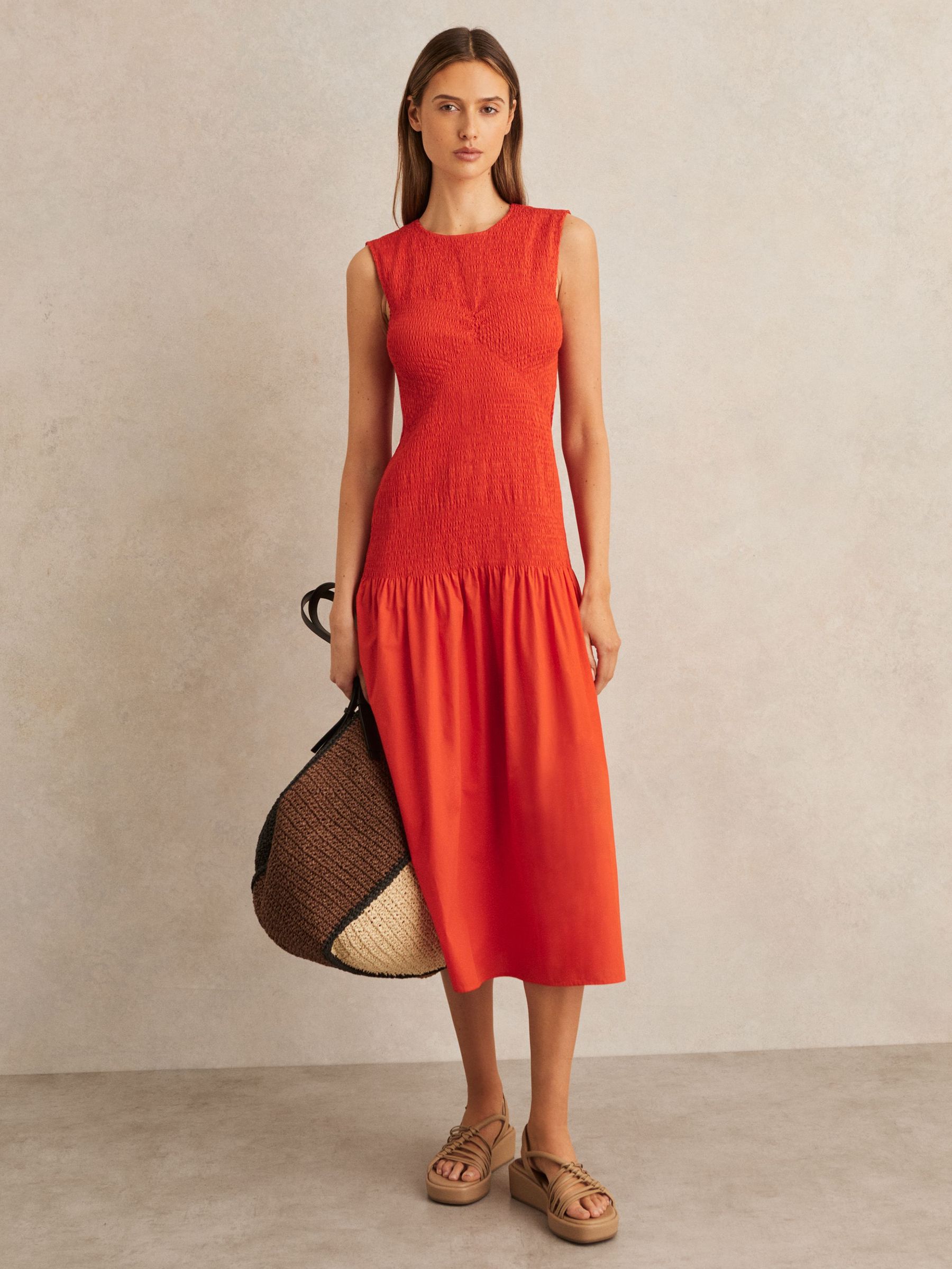 Petite Cotton Shirred Midi Dress in Red (F18086) | US$390