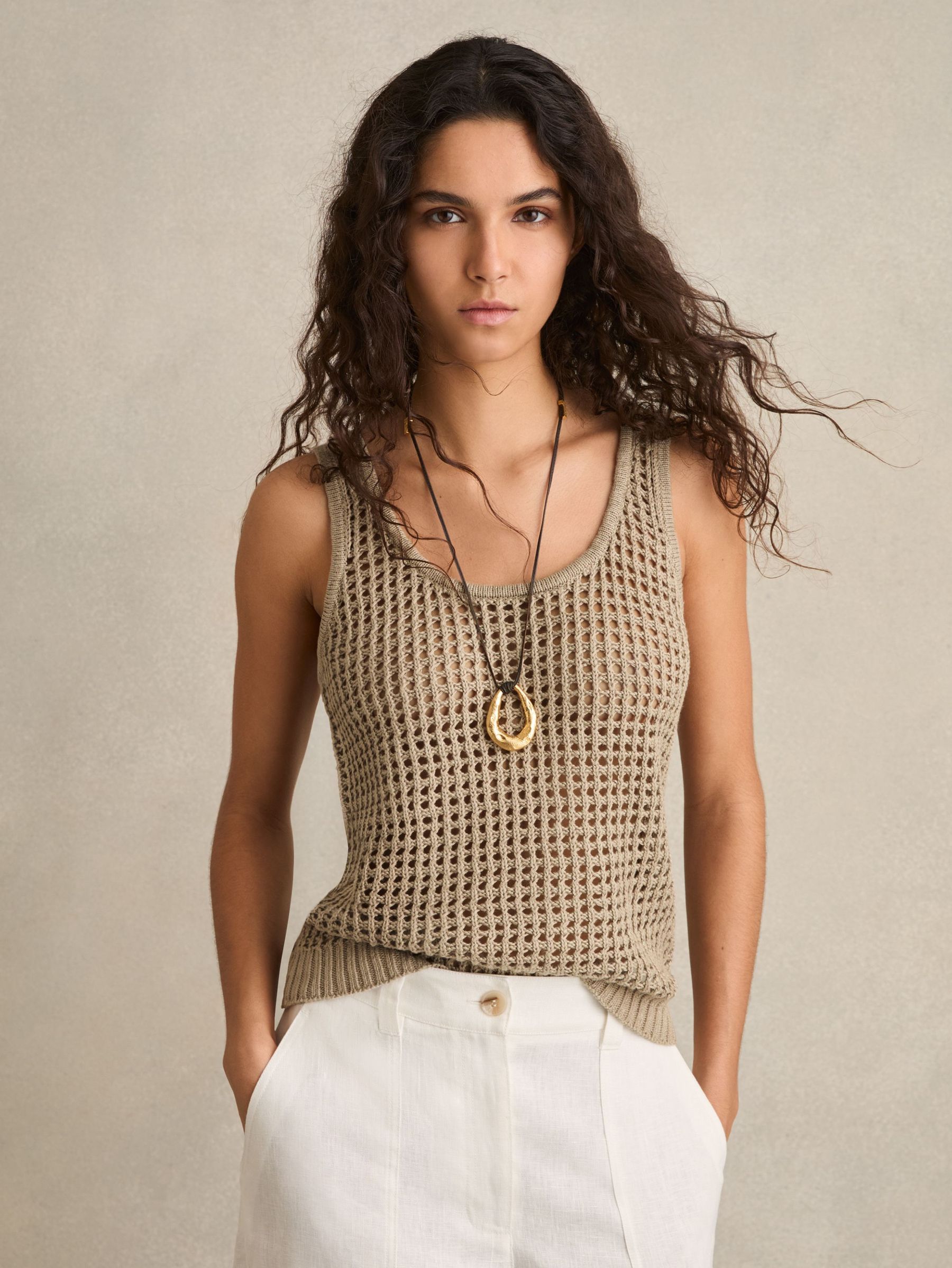 Linen Open-Knit Vest in Stone (F18120) | US$160