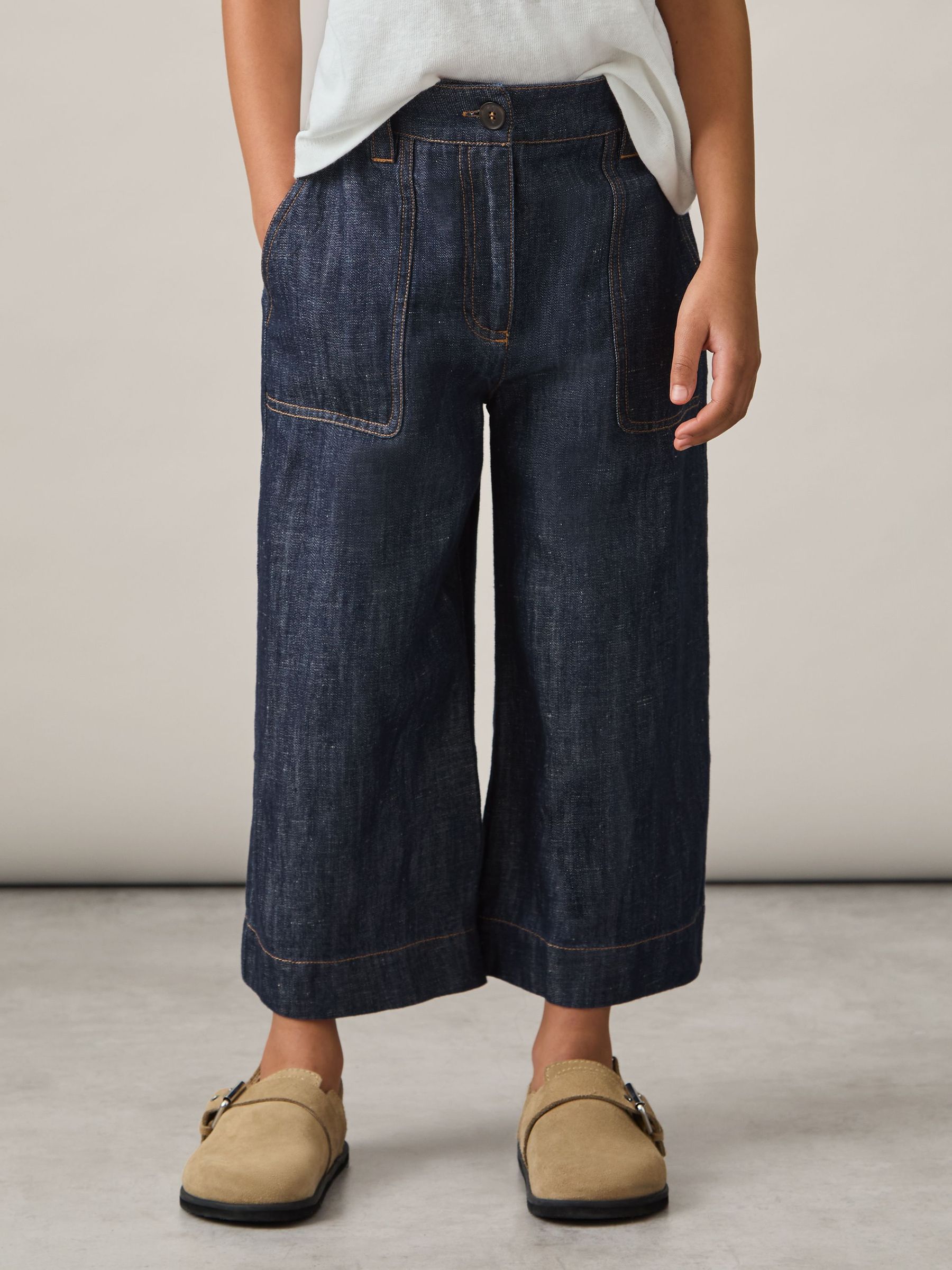 Cotton-Linen Wide Leg Trousers in Indigo (F18123) | US$80
