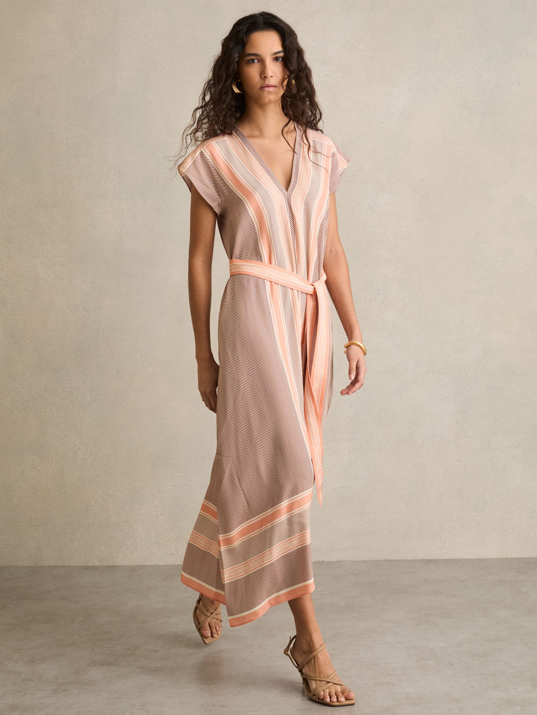Scarf Print Belted Midi Dress in Coral (F18137) | US$455