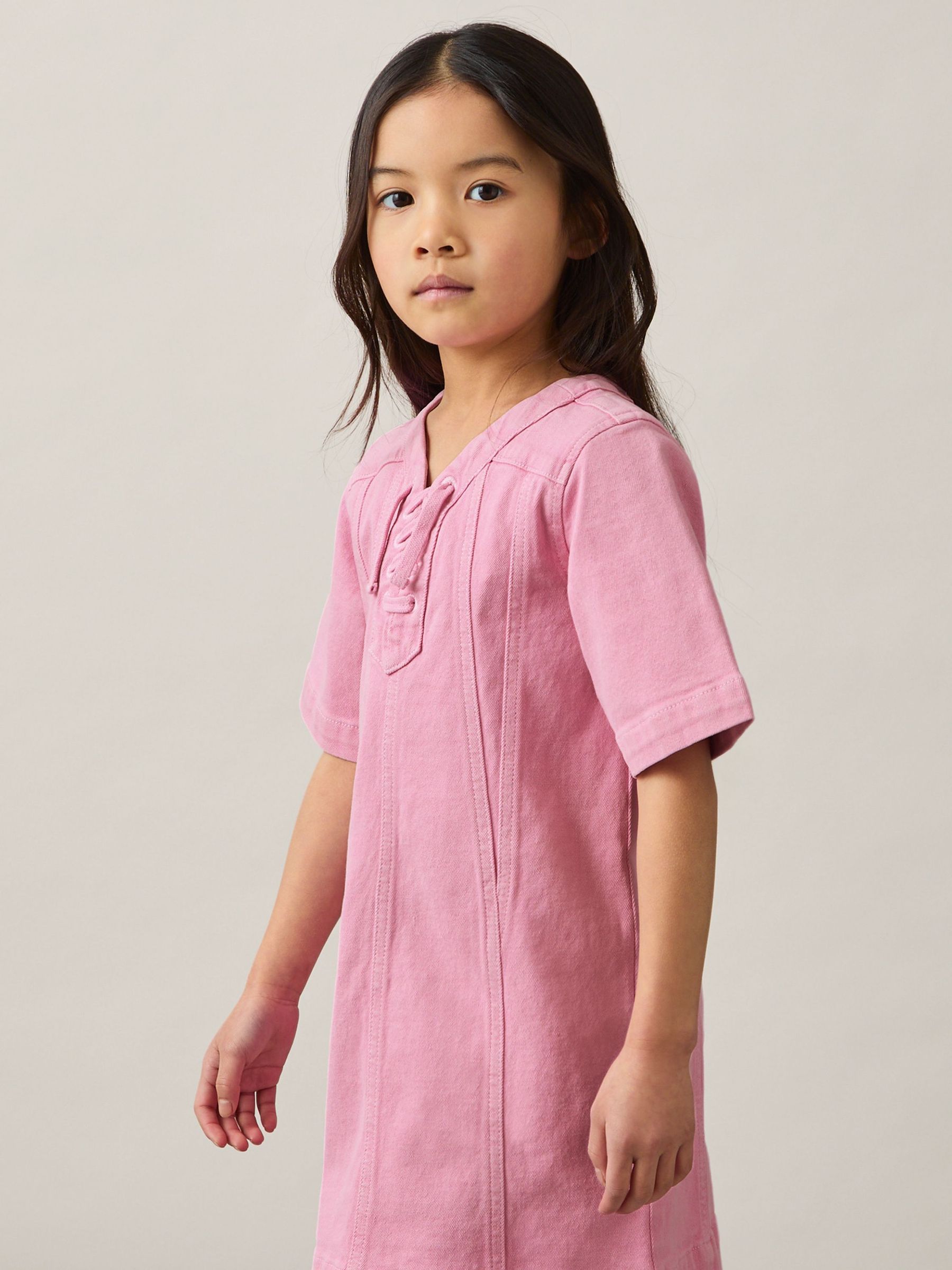 Lace-Up Detail Denim Dress in Pink (F18151) | US$120