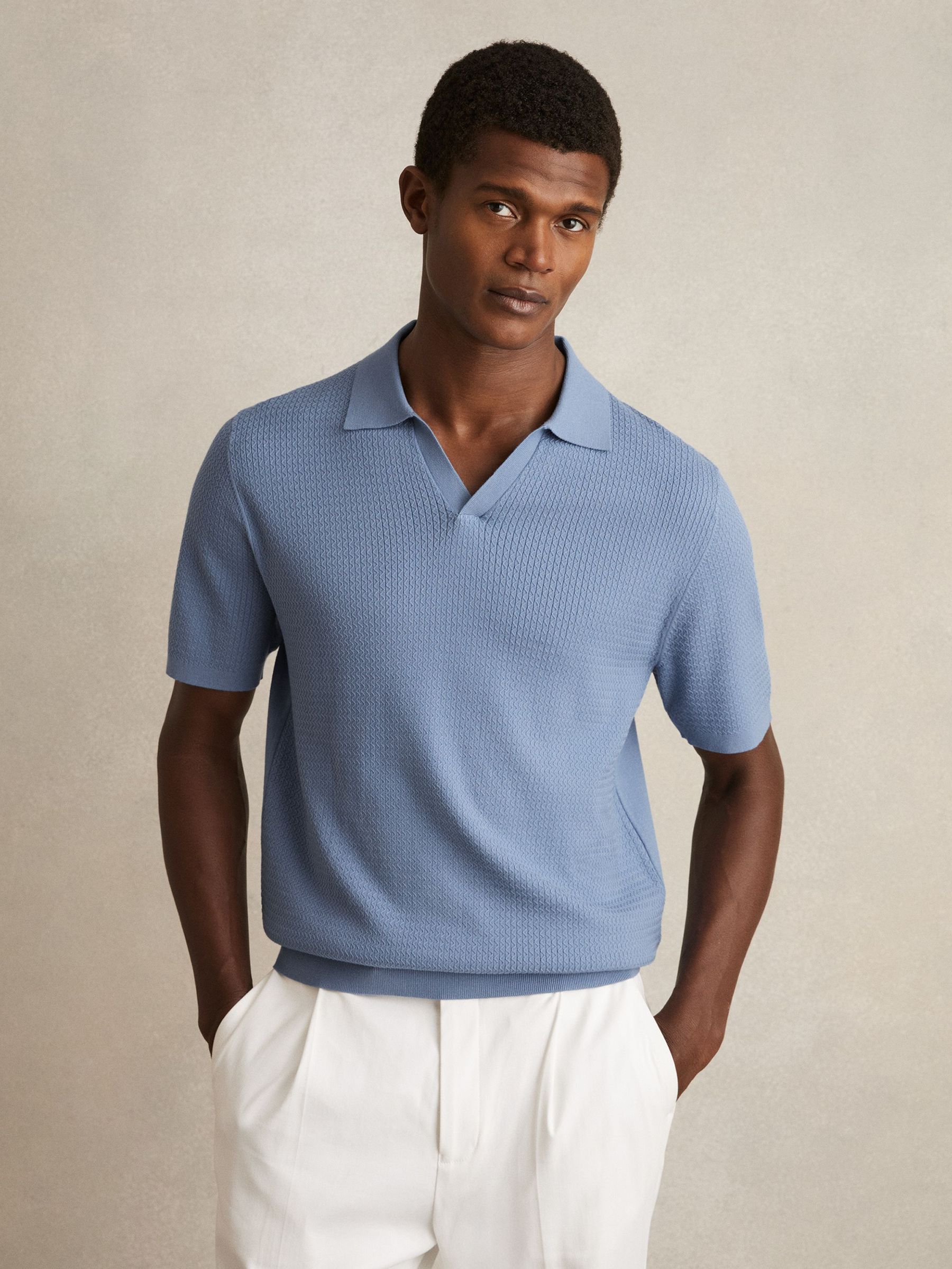 Open-Collar Knit Polo Shirt in Cornflower Blue (F18202) | $160