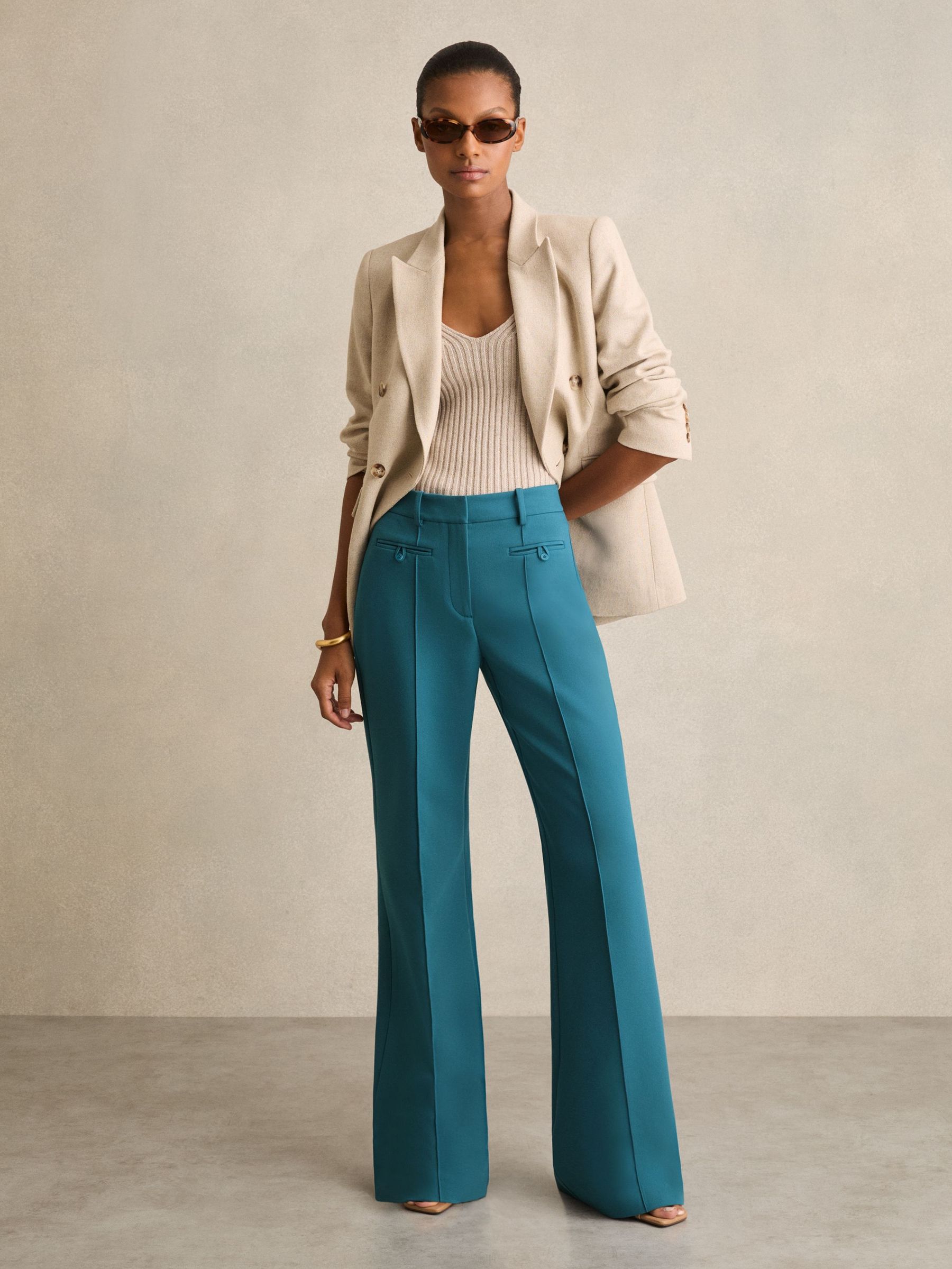 Welt Pocket Flared Trousers in Teal (F18203) | US$225