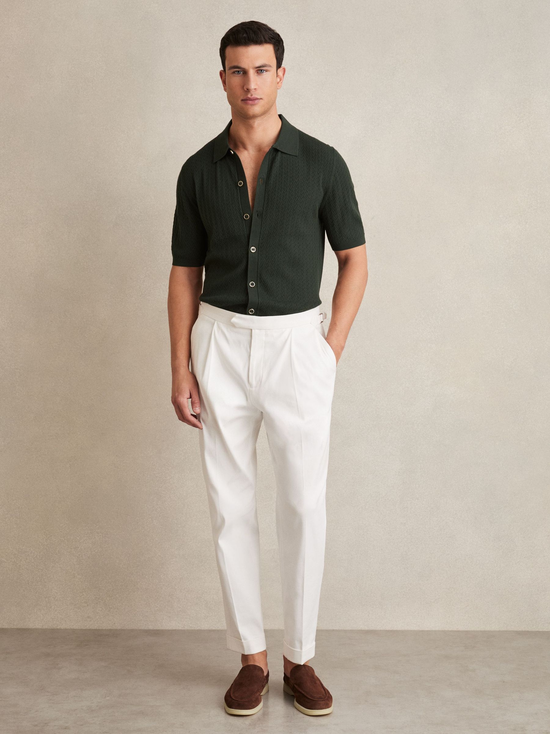 Textured Knit Button-Through Shirt in Dark Green (F18204) | €170
