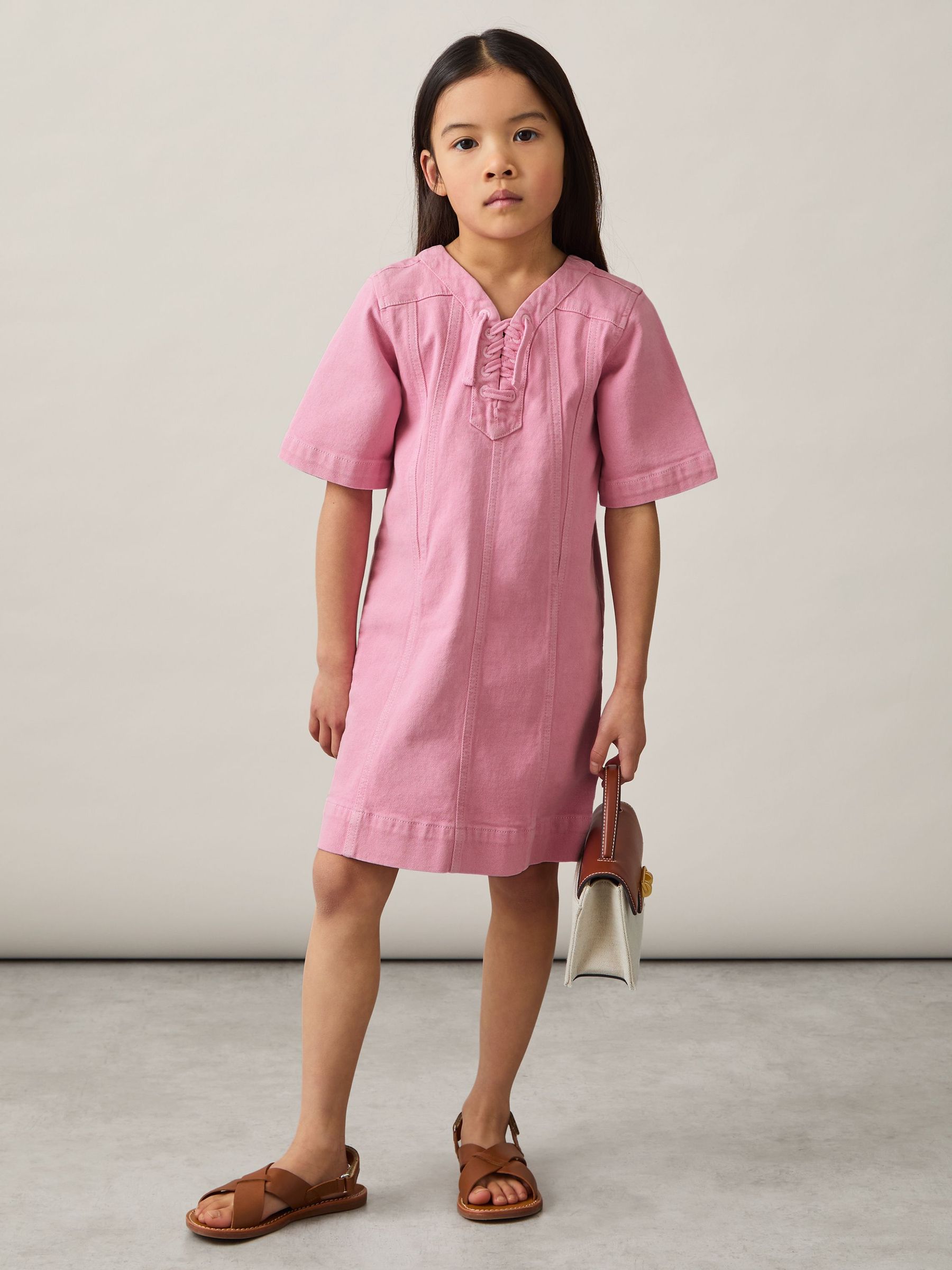 Lace-Up Detail Denim Dress in Pink (F18216) | €95