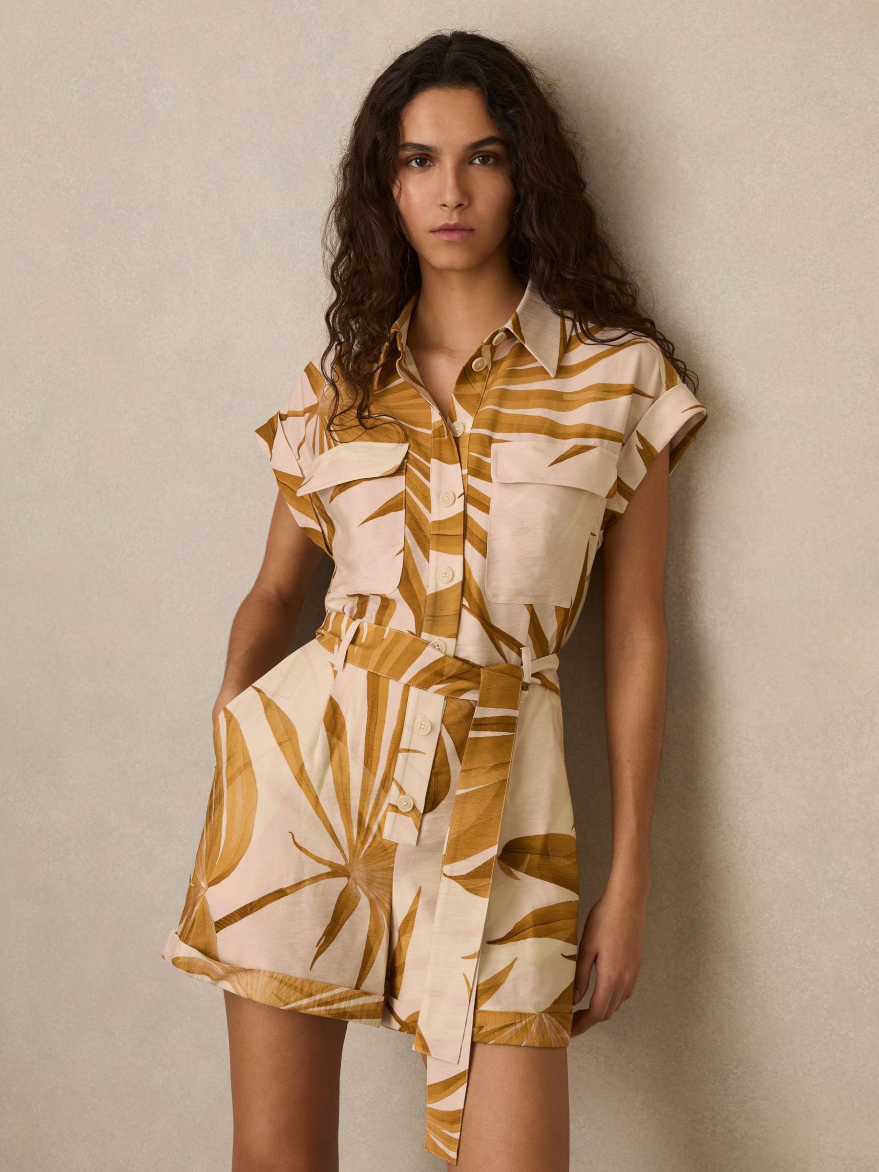 Palm Print Belted Playsuit in Neutral (F18220) | €195