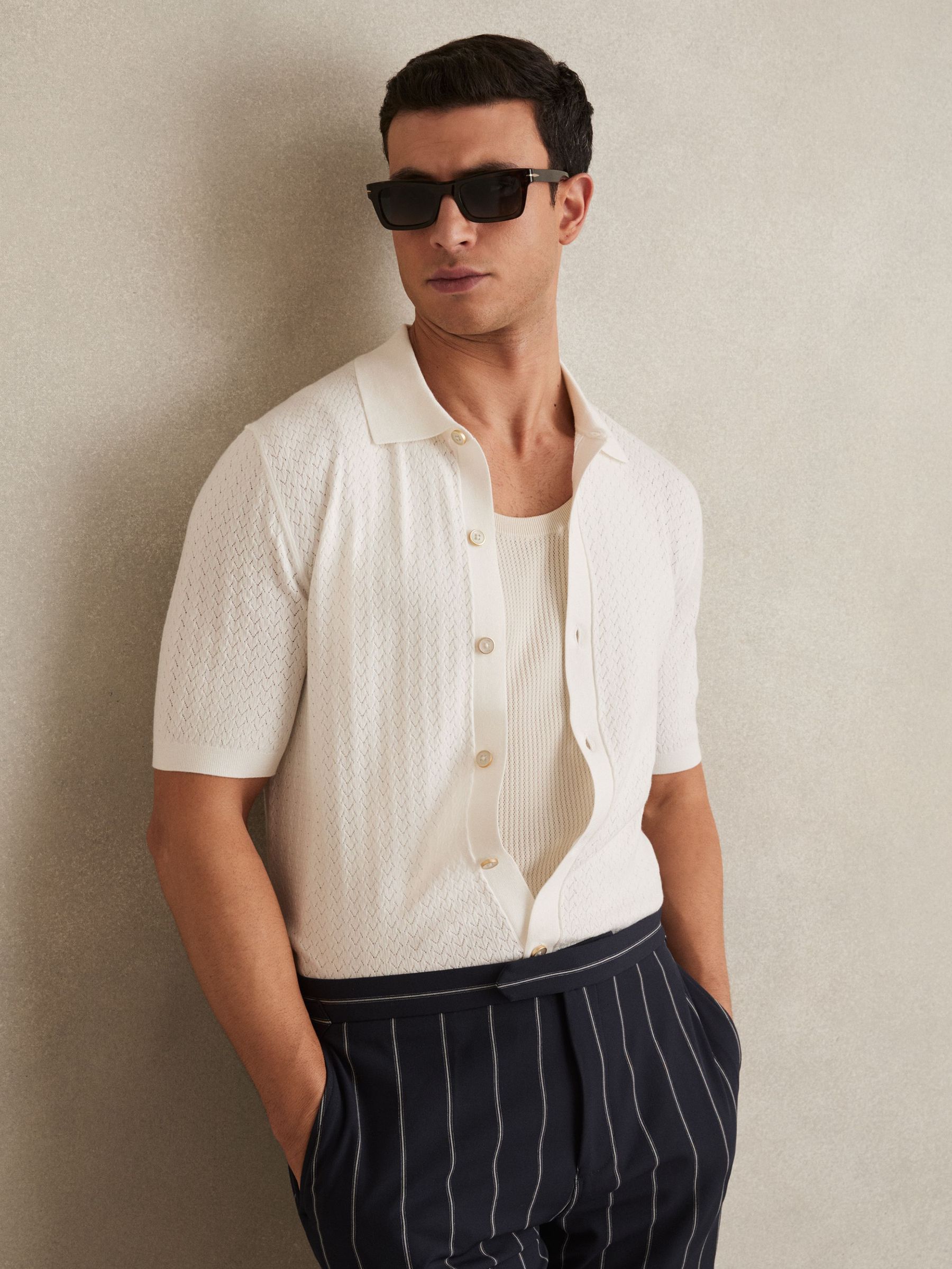 Textured Knit Button-Through Shirt in White (F18227) | €170