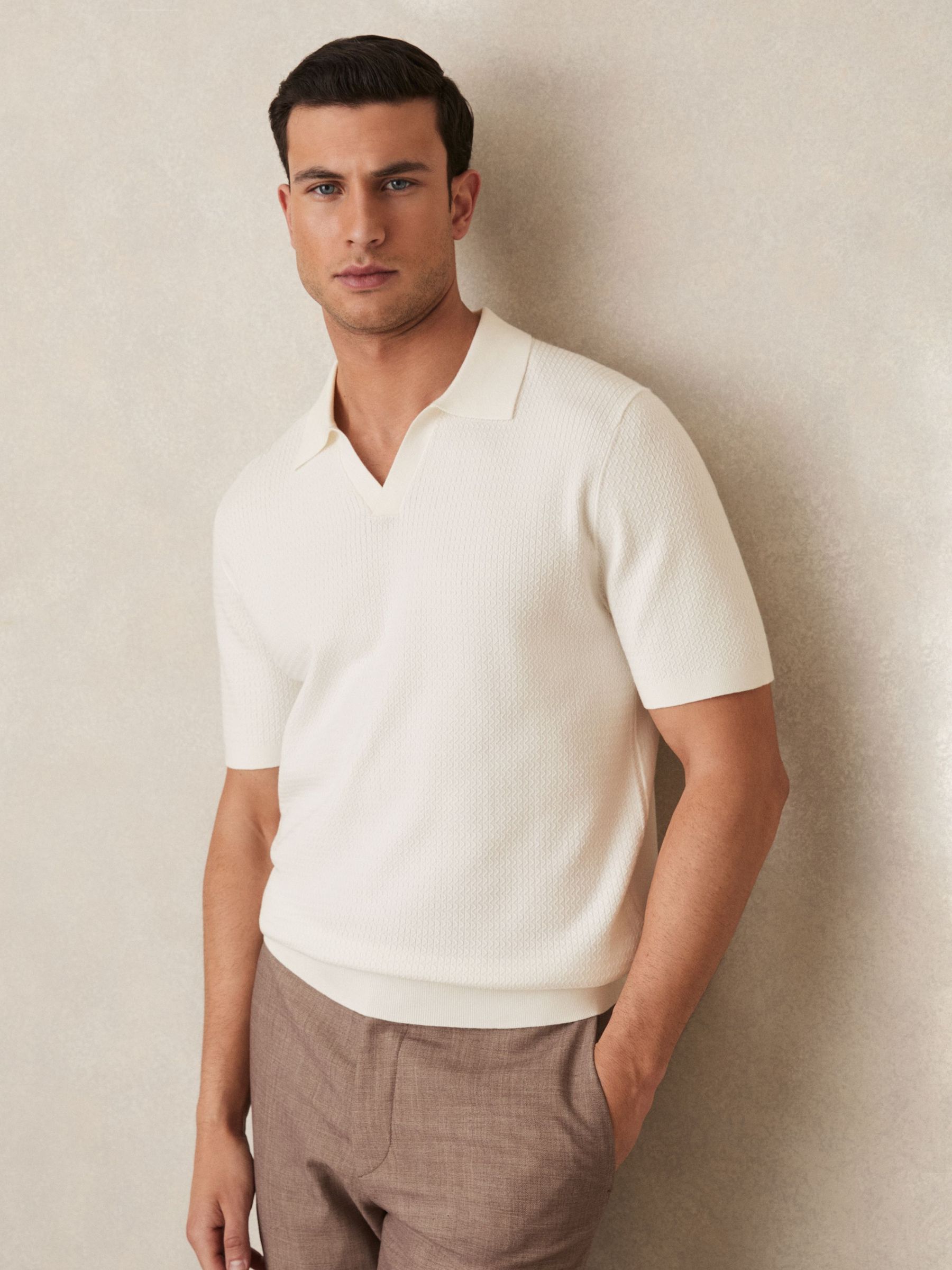 Open-Collar Knit Polo Shirt in White (F18234) | US$160