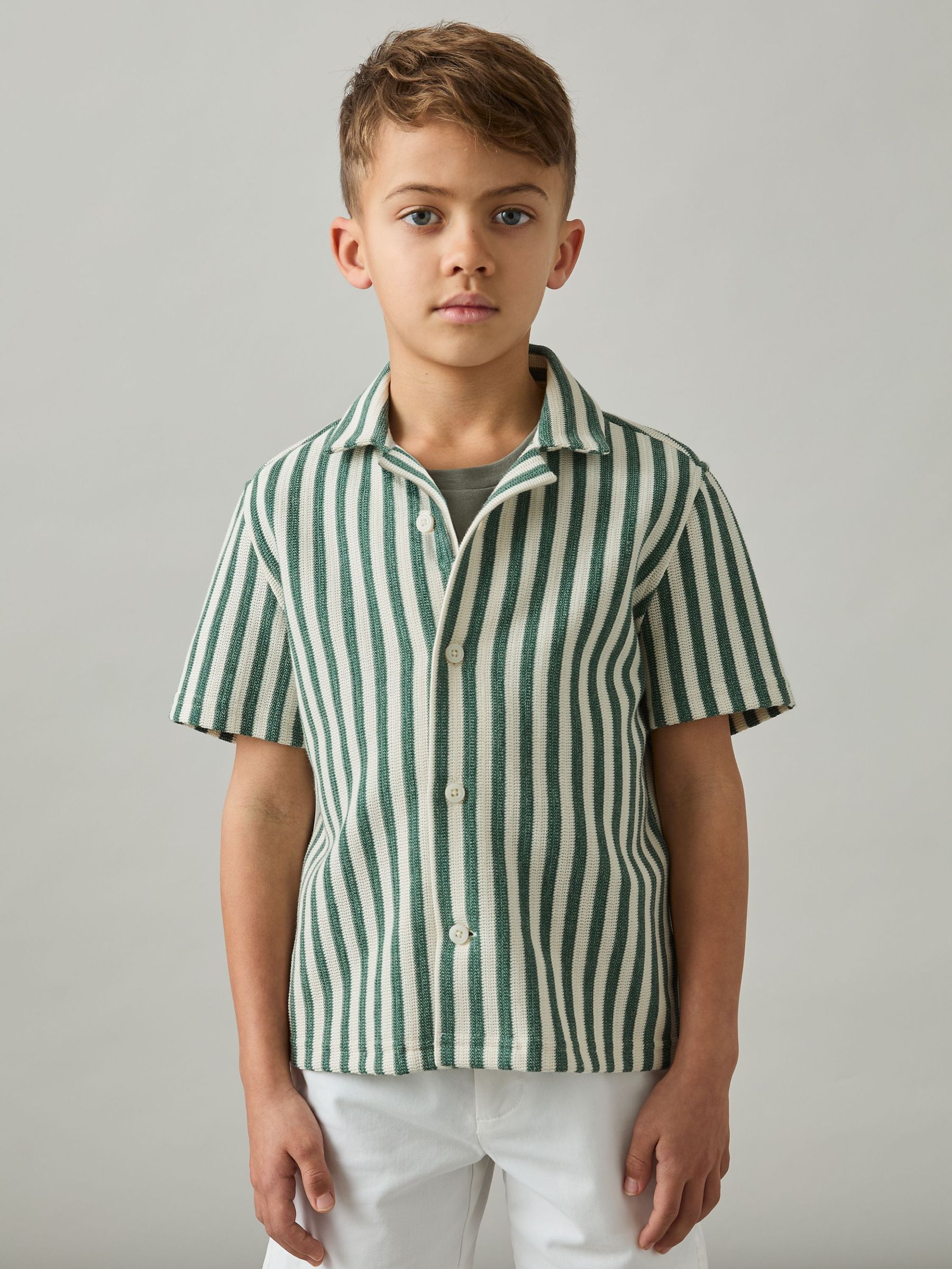 9-13 yrs Textured Stripe Cuban-Collar Shirt in Green/White (F18235) | €55